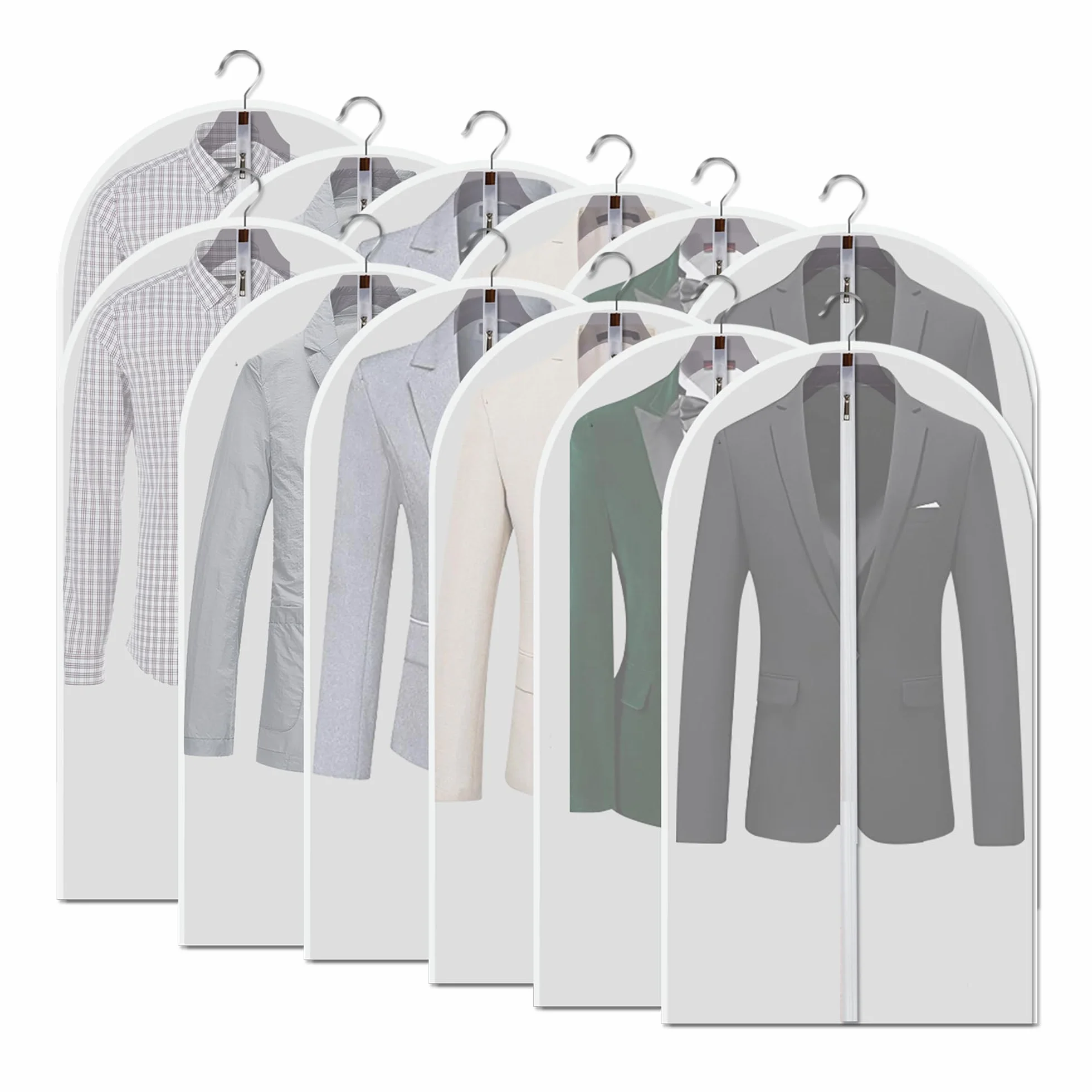 Juego de 12 bolsas colgantes para ropa, translúcidas de 40 pulgadas, a prueba de polvo, color blanco, transpirable, con cremallera completa, cubierta antipolvo para trajes, camisas,