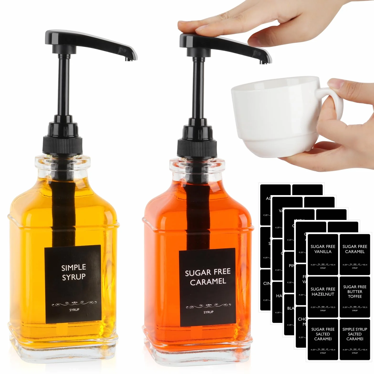 STARSIDE Dispensador de jarabe de café de 16 onzas, 2 botellas de jarabe de vidrio transparente con bomba de capacidad de 1/4 onzas, dispensador de jarabe para barra de café con bomba de plástico y