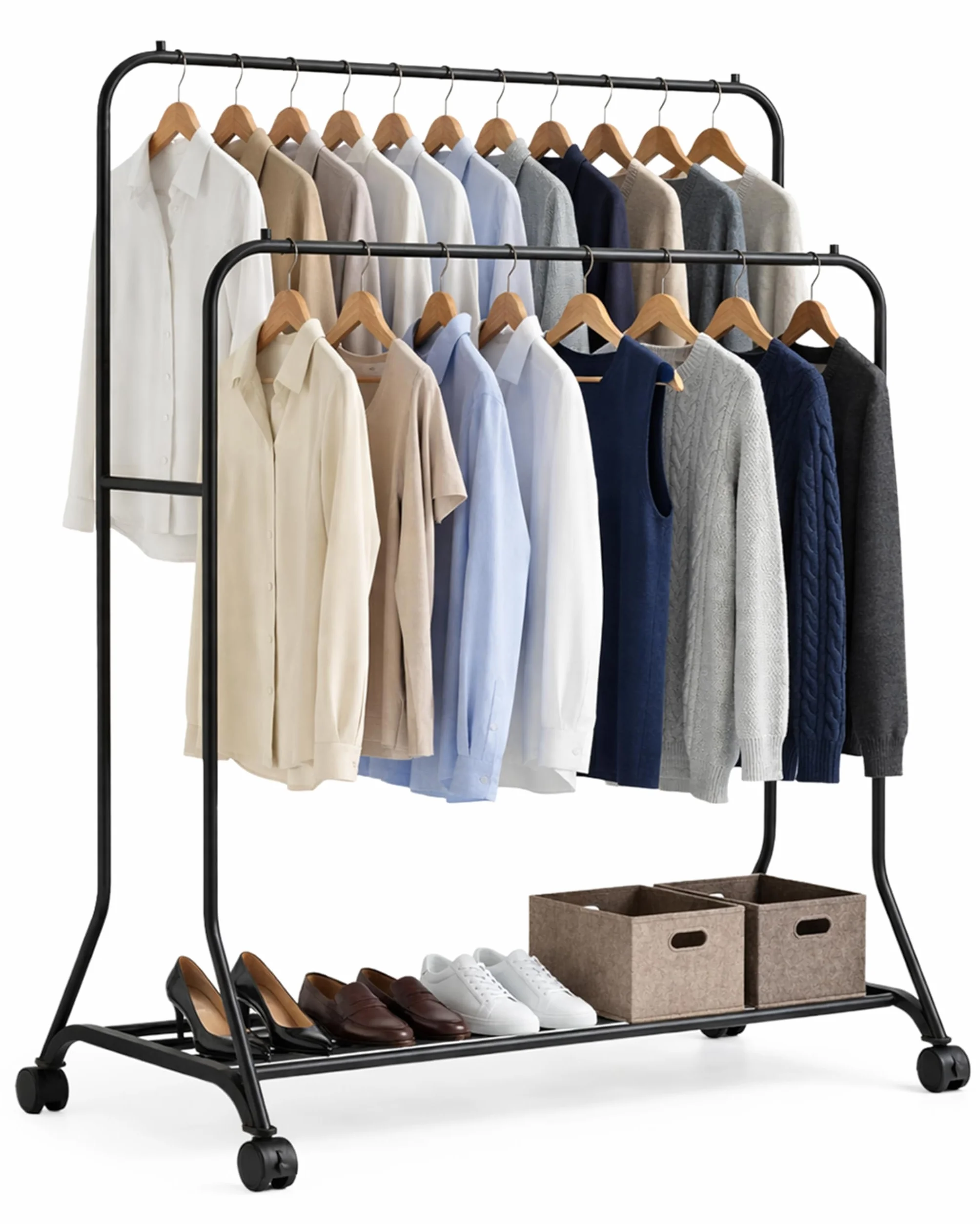 Perchero Metálico para Ropa con Ruedas 2 Niveles y Base Inferior Negro