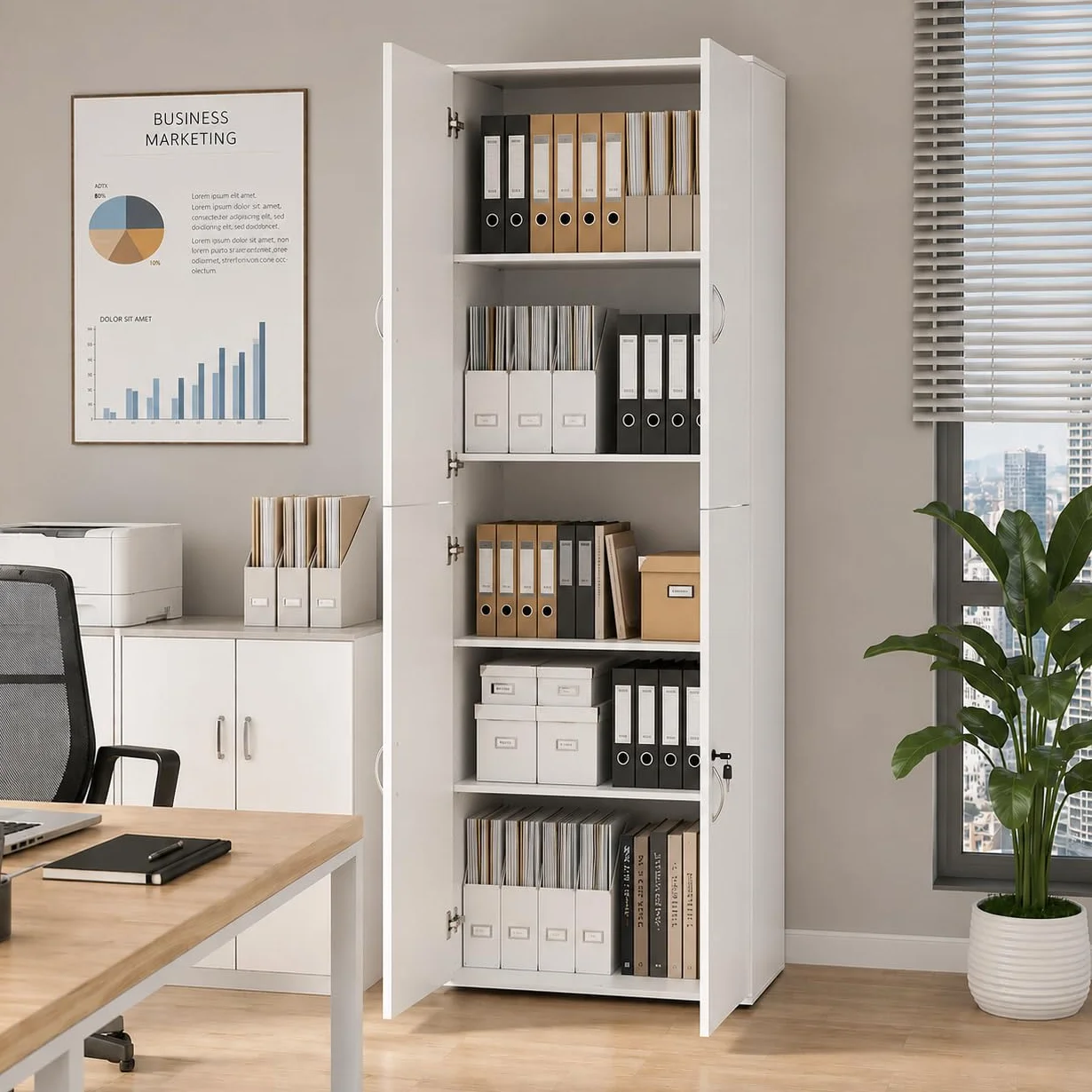 Armario archivador con cerradura, armario de oficina blanco con puertas, 58 x 30 x 180 cm, armario multiusos de madera, armario estrecho para oficina, pasillo, armario multiusos moderno