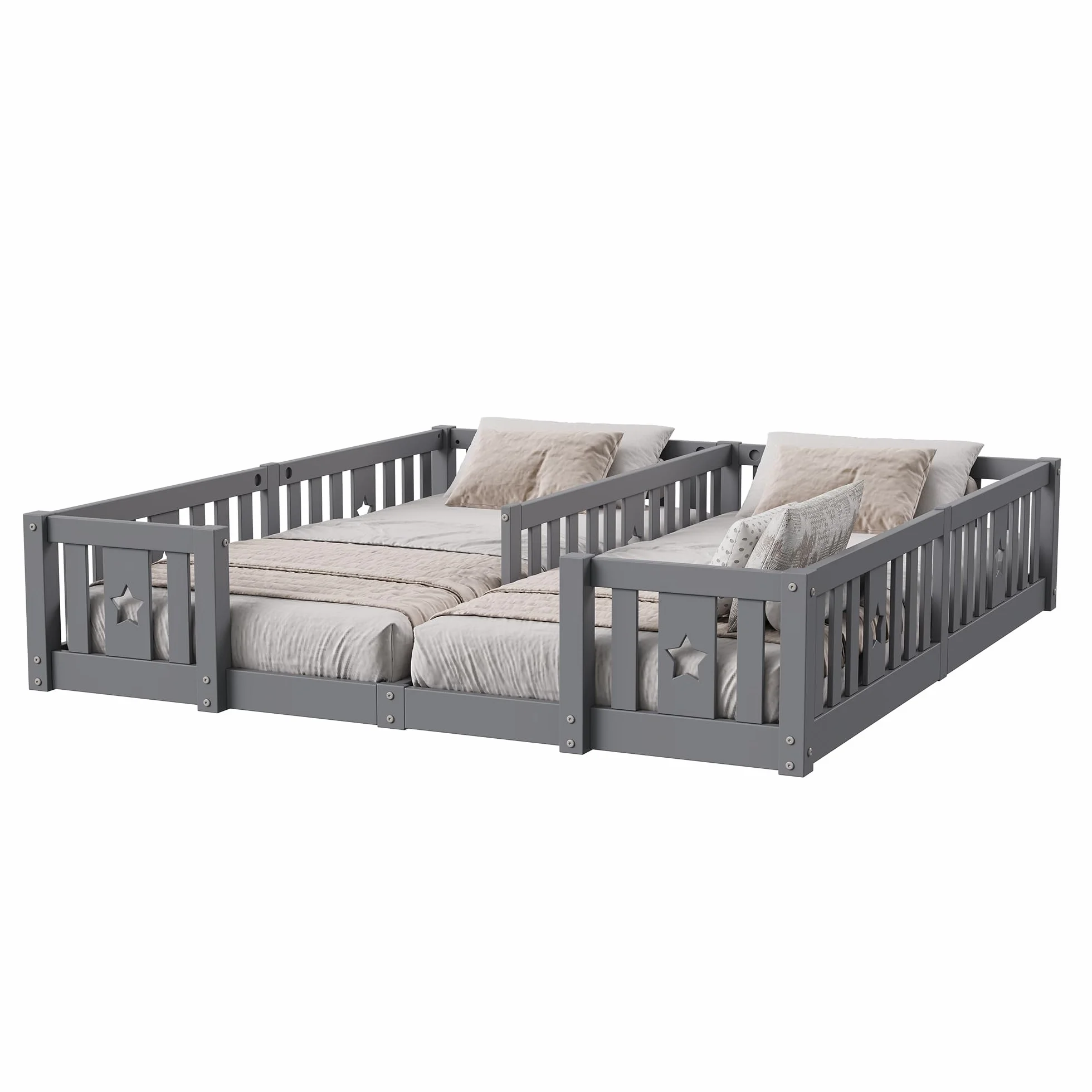 Cama en el suelo de 90 x 200 cm, cama infantil con barrera, cama montessori, madera maciza, camas dobles, para habitación de niños y niñas, sin colchón (gris A, 188 x 206 x 40)