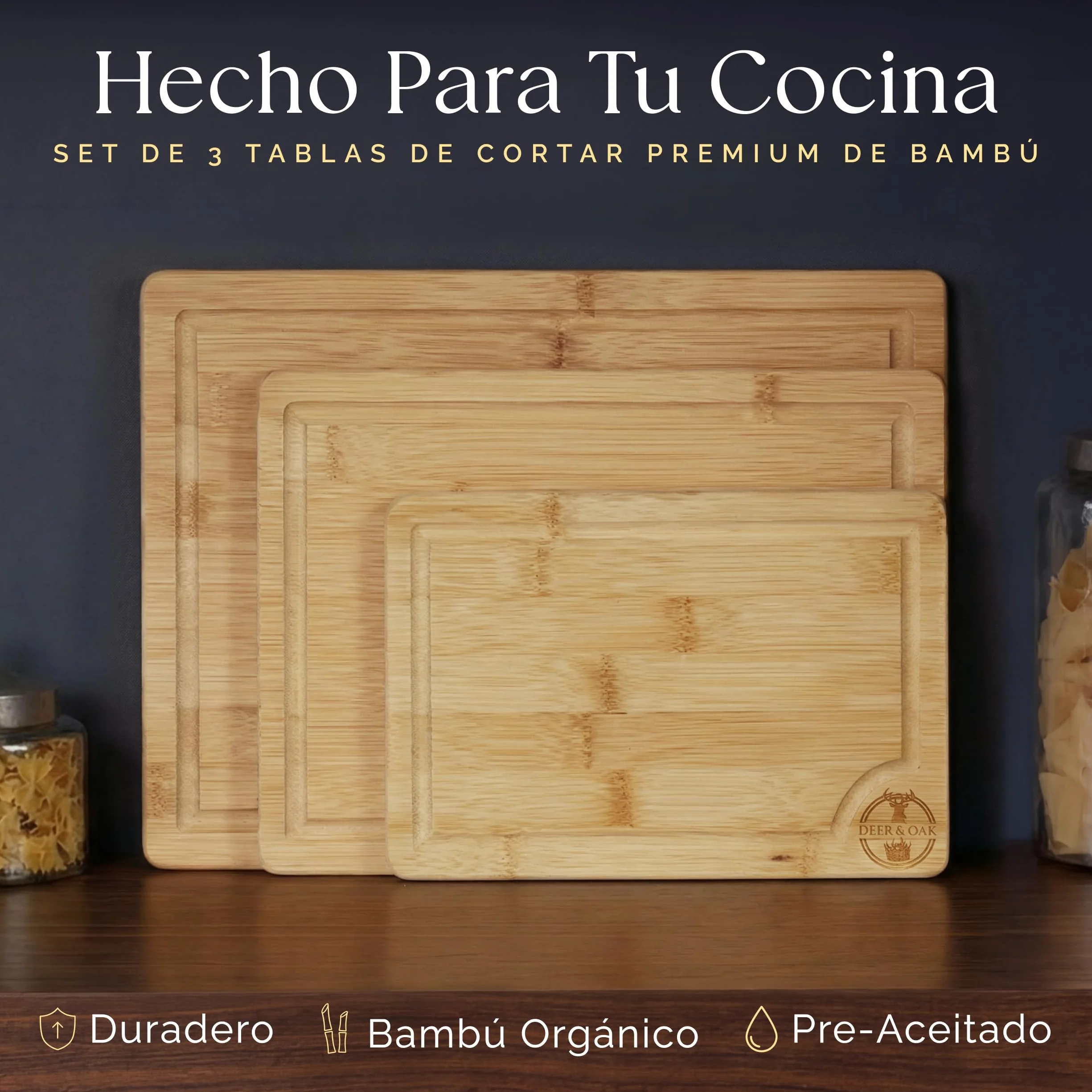 Deer & Oak Set de 3 Tablas de Cortar Bambú con Asas y Ranuras 33x24 28x20 22x15 cm Pre-aceitadas Ecológicas