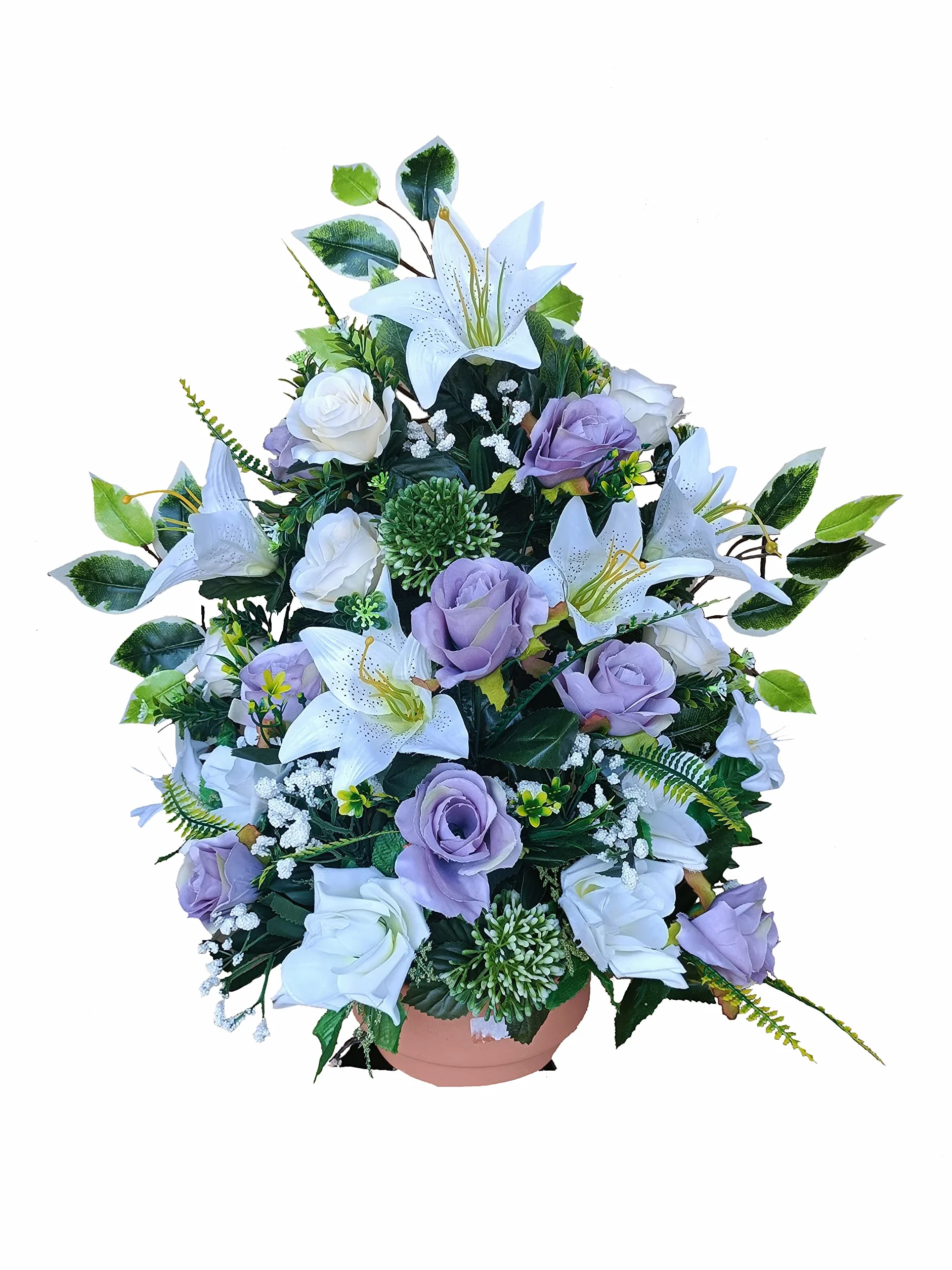 DRW Centro de Flores Artificiales Cementerio, Santos, Aniversarios Rosas malvas y Blancas y liliums 50 cm Ancho x 60 cm Altura x 25 cm Profundidad (Aprox)