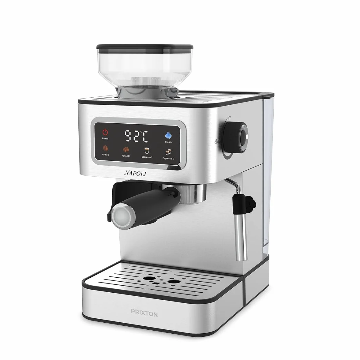 PRIXTON Cafetera Espresso Napoli con Molinillo Integrado 22 Niveles, 20 Bares, 1350W, Filtro de Doble Salida, Vaporizador ajustable, Compatible con Café en Grano, Molido y Cápsulas (Reacondicionado)