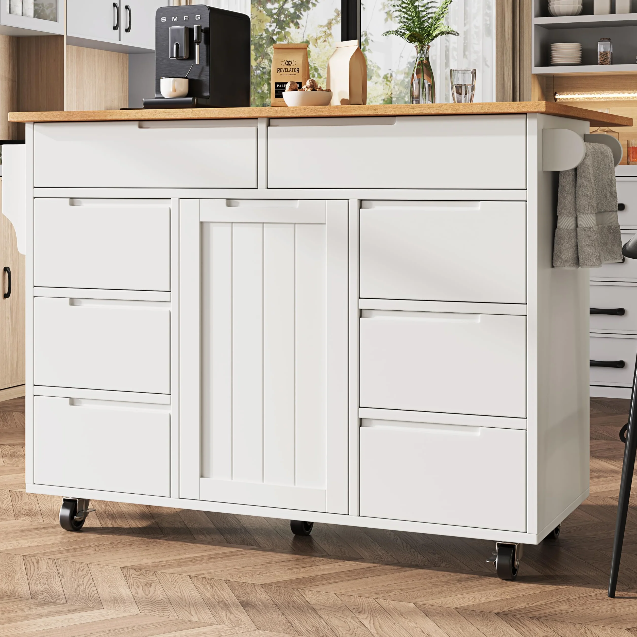 KAZZIO Isla de cocina moderna, armario de cocina, carrito de cocina extensible con ruedas y encimera, carrito de servir con estante para especias y 8 cajones (blanco)