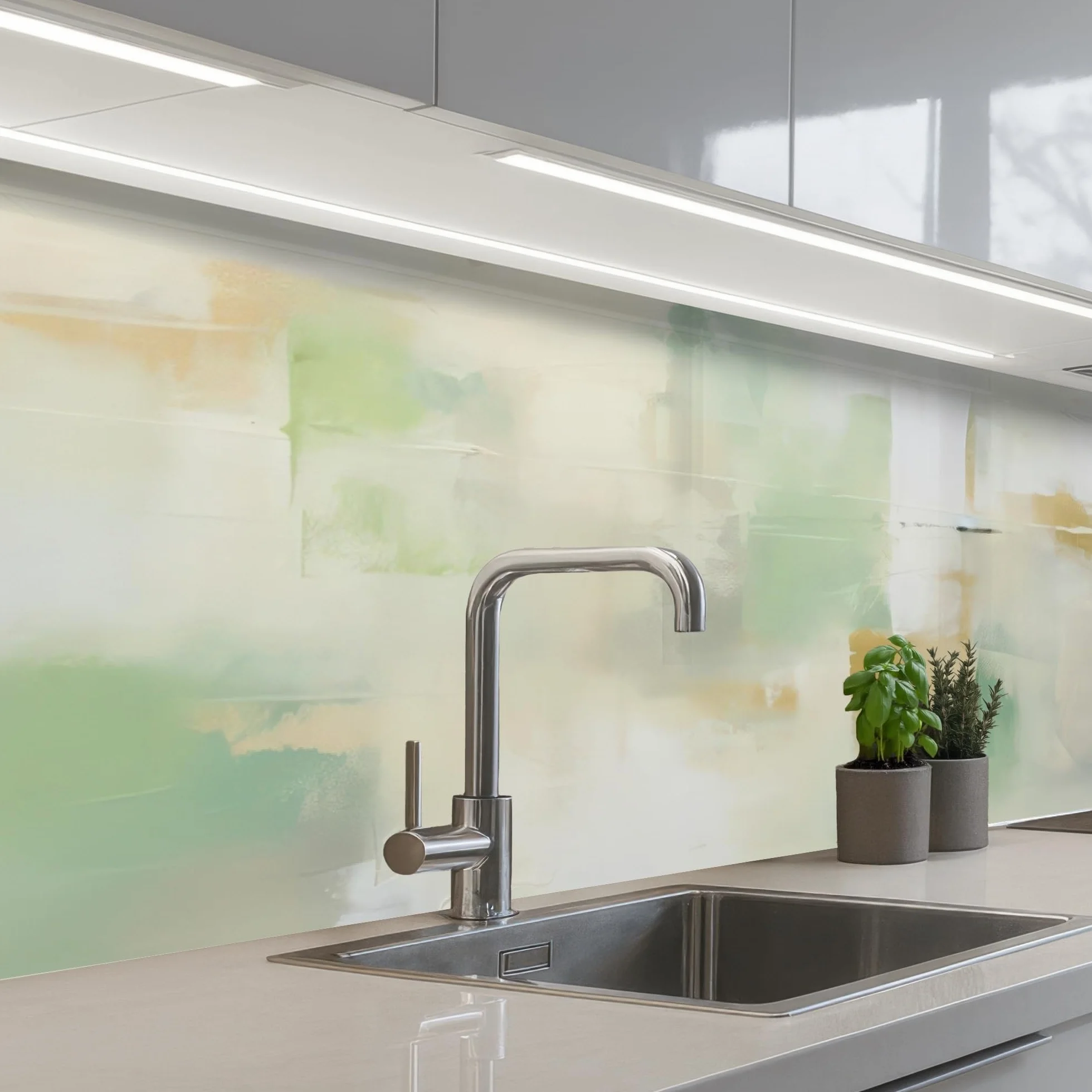 KitchenYeah© Antisalpicaduras Cocina 80x300 cm Adhesivo Salpicadero Protector Salpicaduras Kitchen Abstracto - Arte - Blanco - Verde - Moderno