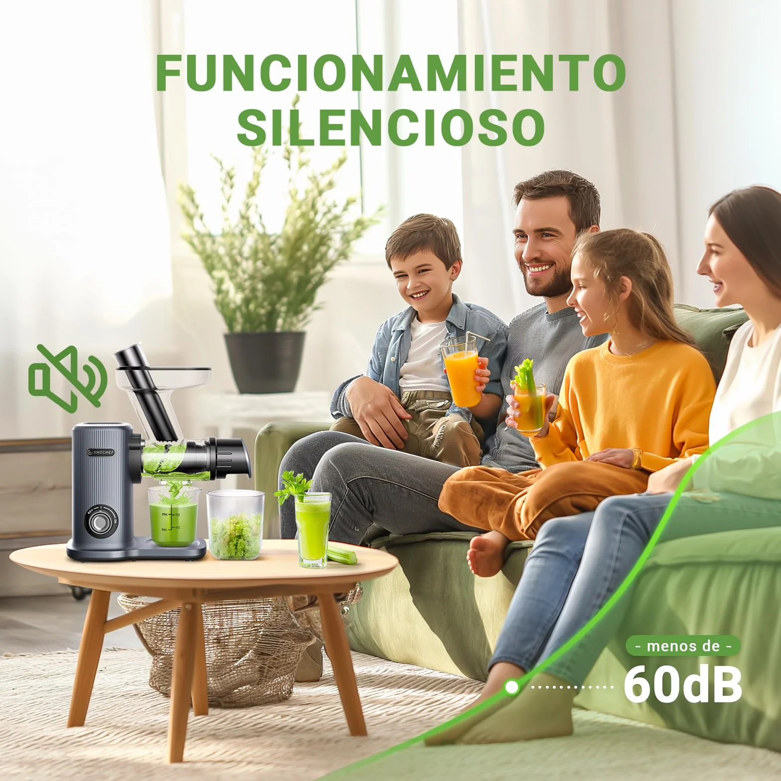 AMZCHEF Juicer Compacto Con Dos Modos De Alimentación Para Uun Uso Fácil - Extractor De Zumos Y Verduras Silencioso De Alta Tecnología Con Masticación Inversa Y Un Rendimiento De Zumo Ultra Alto