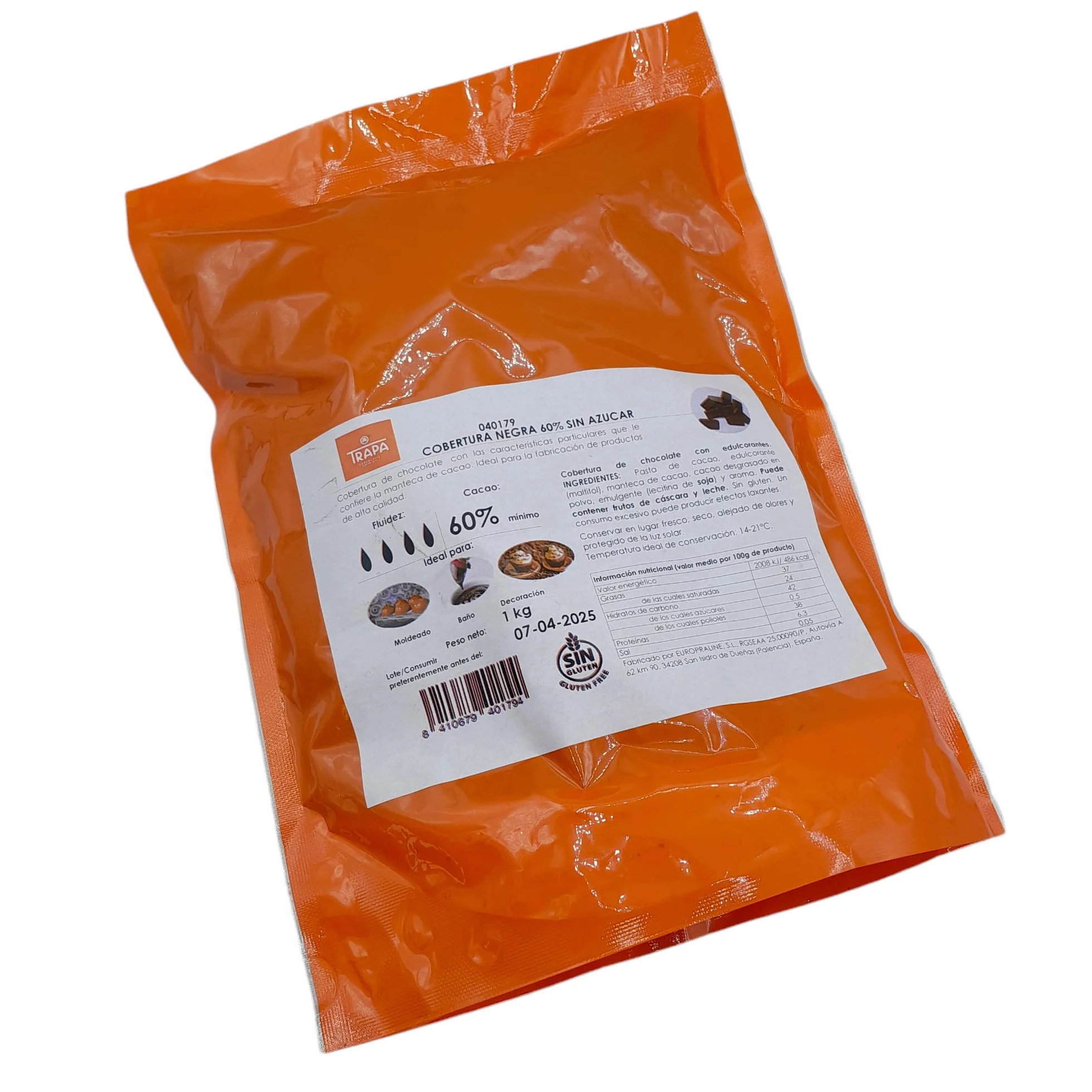 Trapa Cobertura Chocolate Negra Extra Noir 60% Sin Azucar Bolsa Kilo Gotas