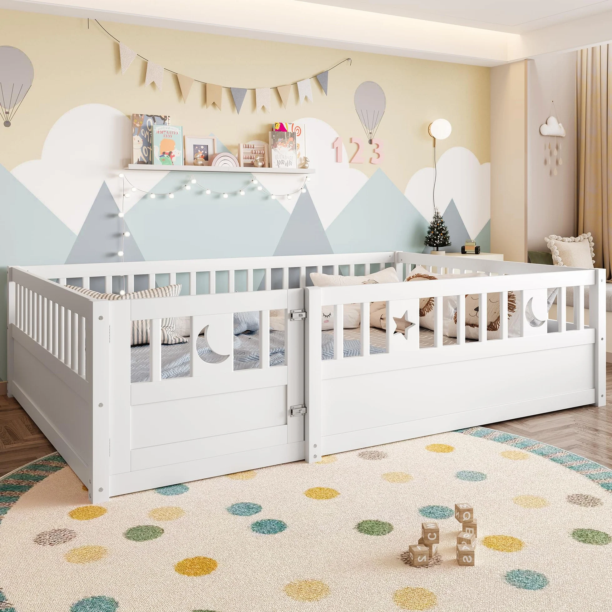 Paneles para cuna 140 x 190 cm con rejilla, estrellas y lunas, blanco