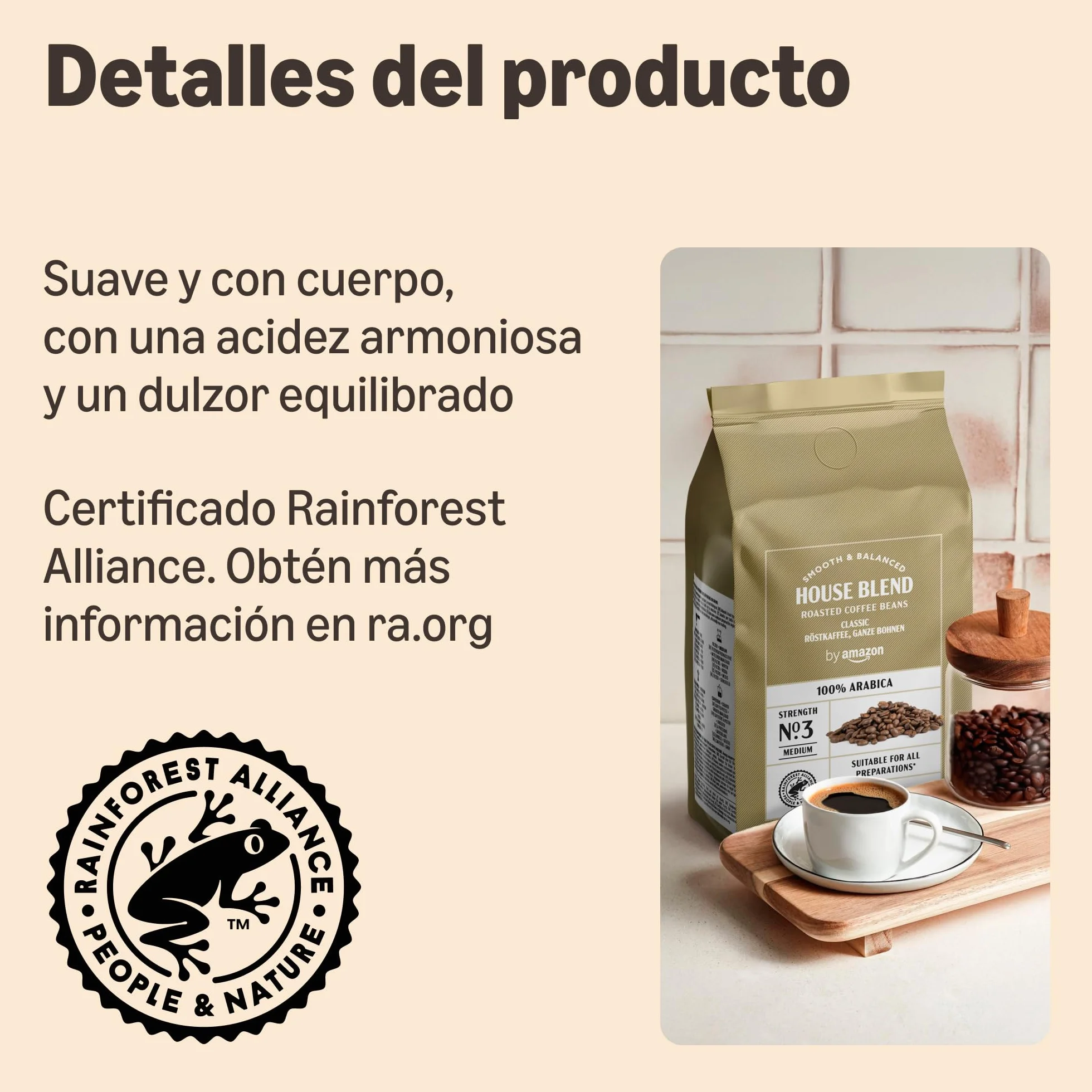 Amazon Café En Grano Natural, Puro Arabica, Tueste Medio, 1kg, Rainforest Alliance