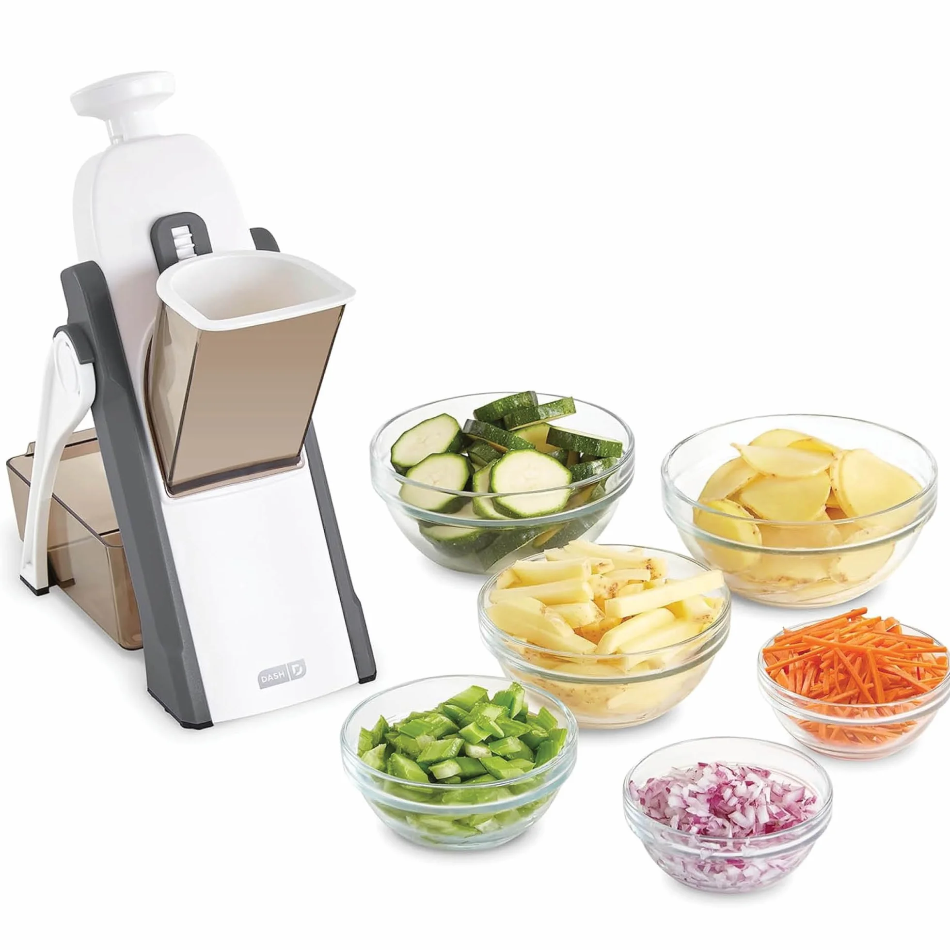 DASH Cortador de mandolina Safe Slice, Juliana + Dados para Verduras, preparación de Comidas y más con más de 30 ajustes preestablecidos y ajustador de Grosor, Plástico, Gris