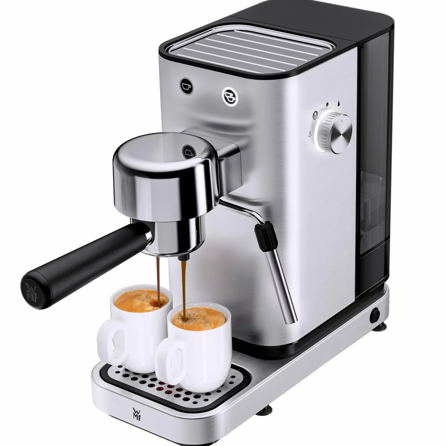 WMF Lumero - Cafetera expreso con 3 portafiltro, 1400 vatios, para 1-2 tazas de expreso, 15 bares, reposavasos, espumador de leche, prensador de café, luz led, acero inoxidable mate