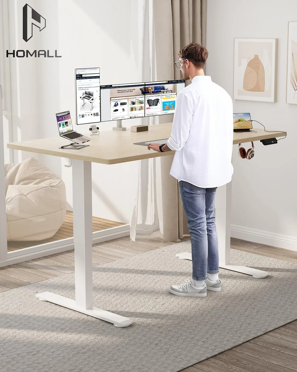 Homall Escritorio de Altura Regulable de 160 x 80 cm con Puerto de Carga USB-A, Escritorio eléctrico con Bandeja de gestión de Cables, Escritorio de pie con 3 Funciones de Memoria, Escritorio para