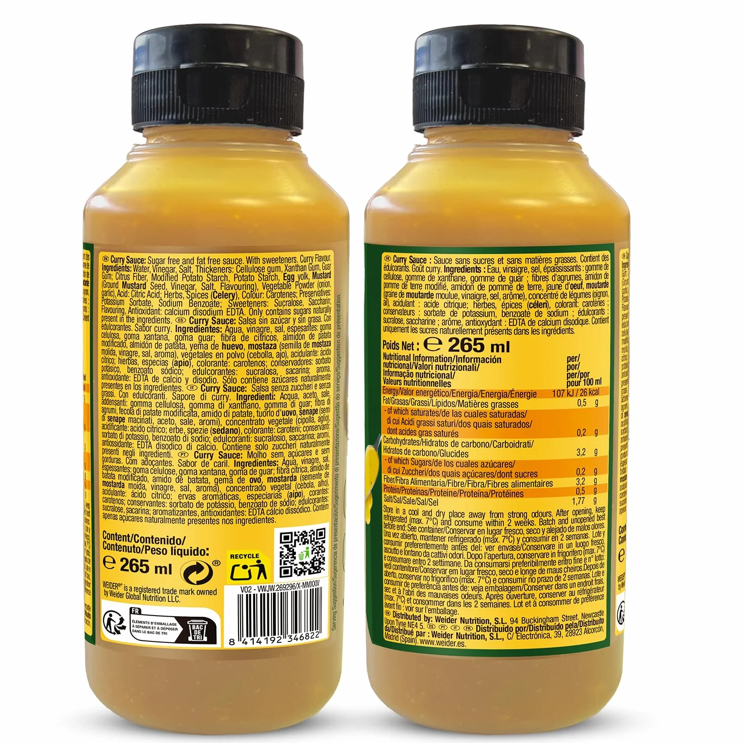 Weider Gourmet 0% Fat Curry Sauce 265 ml, Salsa Curry 0% Grasas, Bajo en Calorias