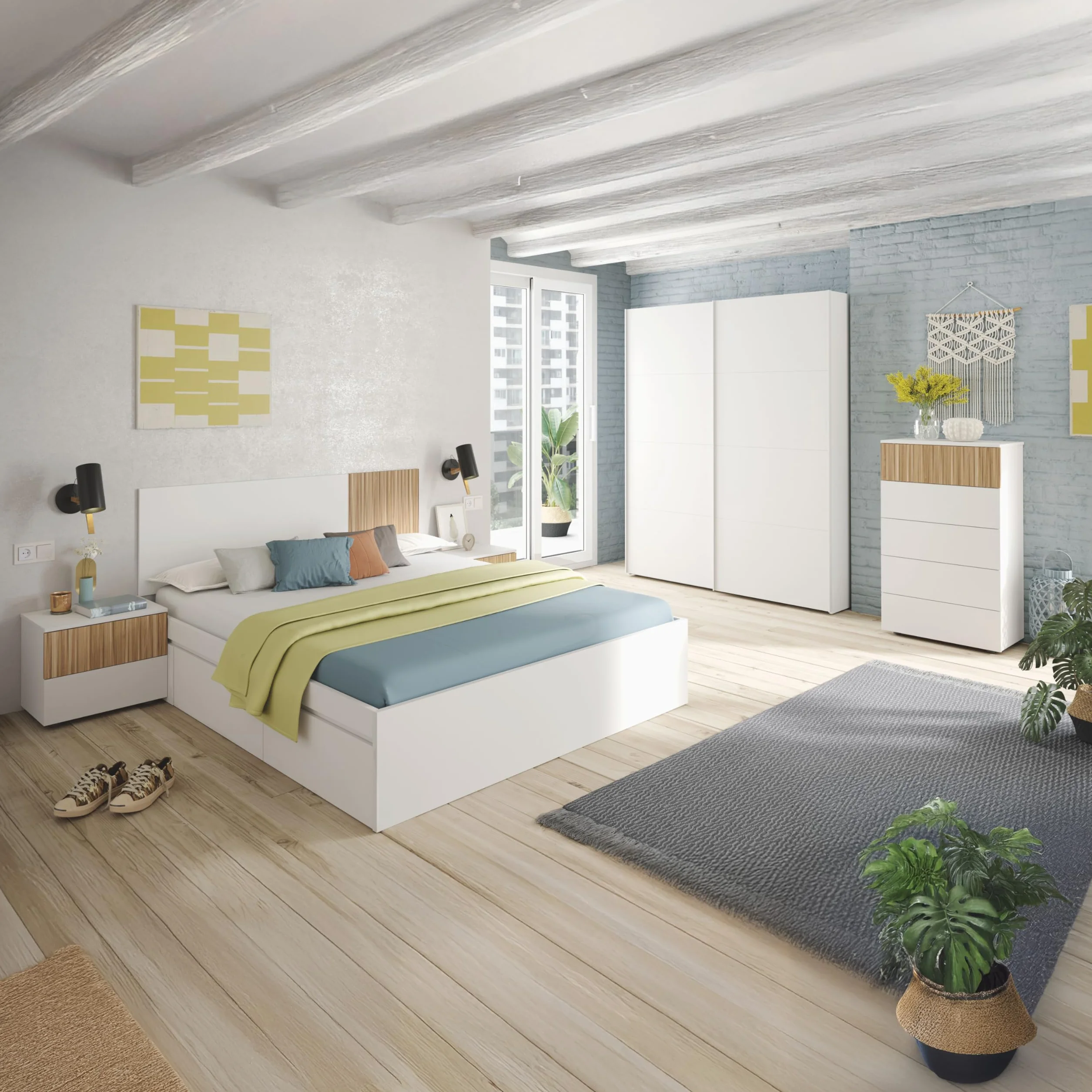 duehome | Armario de 2 Puertas Correderas, Barra de Colgar y Estantes, Armario para Dormitorio, Modelo Unix, Acabado en Blanco Artik, Medidas: 150 cm (Largo) x 200 cm (Alto) x 60 cm (Fondo)