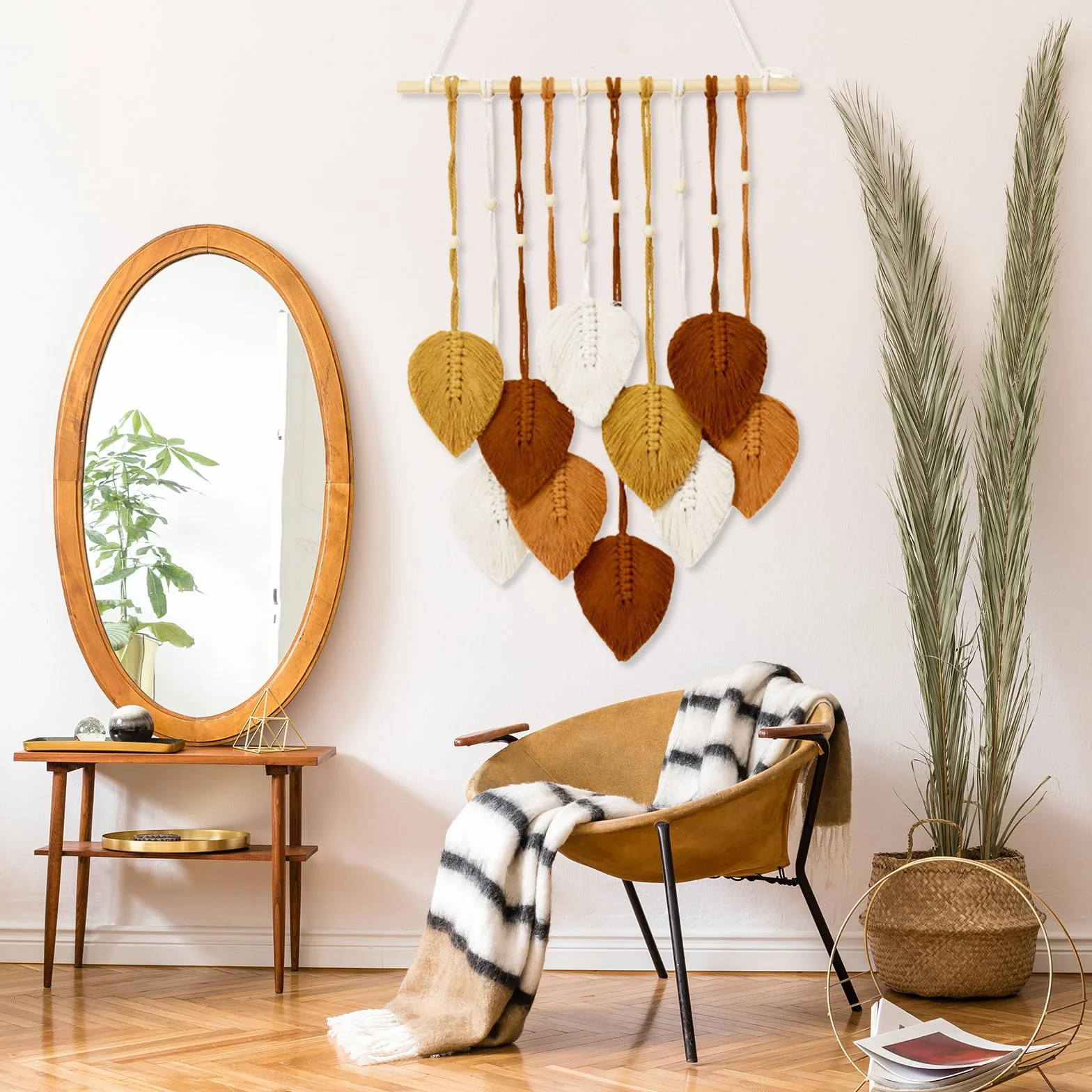 Tapiz Bohemio Hecho A Mano Decoración De Pared 2PCS Colgante Tejido Con Plumas Hojas Y Cuentas De Madera