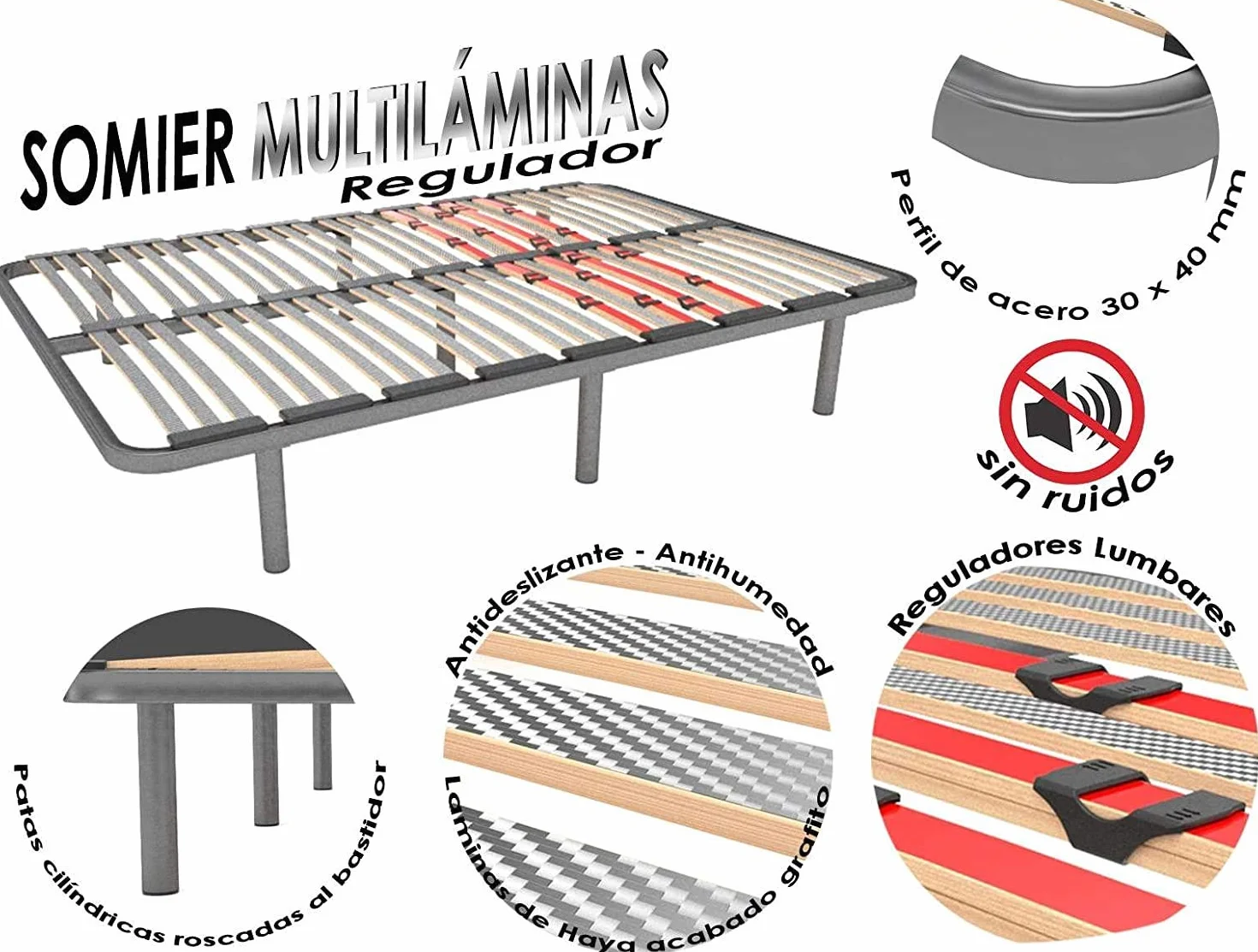 Somier Multiláminas con Patas Regulador 135 x 190 x 5 cm Base de Cama Adaptable