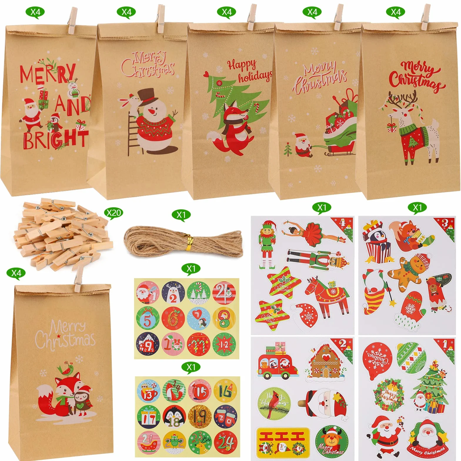 Calendario Adviento 2025 para Rellenar con 24 Bolsas, Adhesivos y Cuerda, DIY Bolsas de Papel Kraft Navideño, Marrón