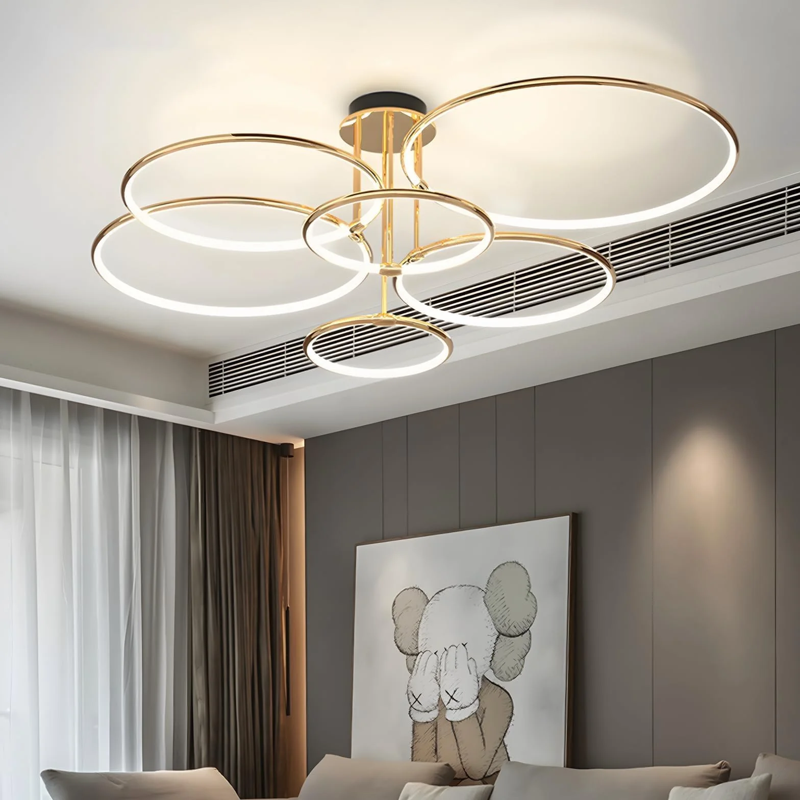 6 Anillos Redondos Lámpara De Techo Led Dorada Diseño, Candelabro De Ø105cm | 145W Regulable Forma Continua, Colgante De Electrochapa De Metal Creativo, Lámpara Moderna Para Dormitorio, Sala De Estar