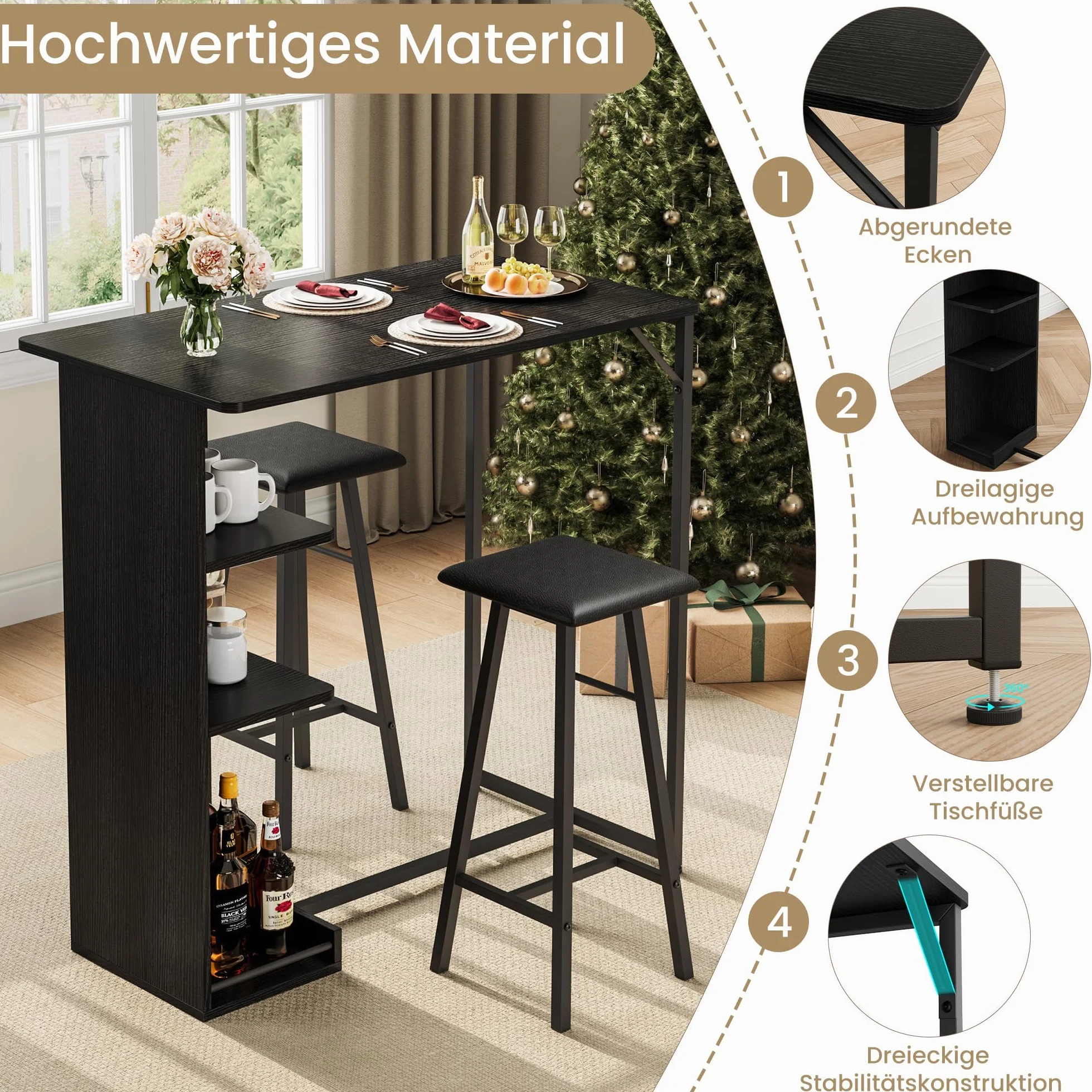 Garvee Conjunto de Bar Industrial 3 Piezas con 3 estantes – Mesa y 2 taburetes, Soporte para Copas – Ideal para Cocina o Comedor pequeño – Negro con Estructura y cojín Negros