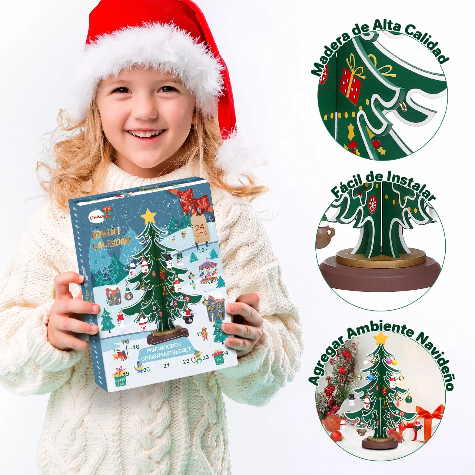 LIHAO Mini Árboles de Navidad de Madera Calendario de Adviento 24cm