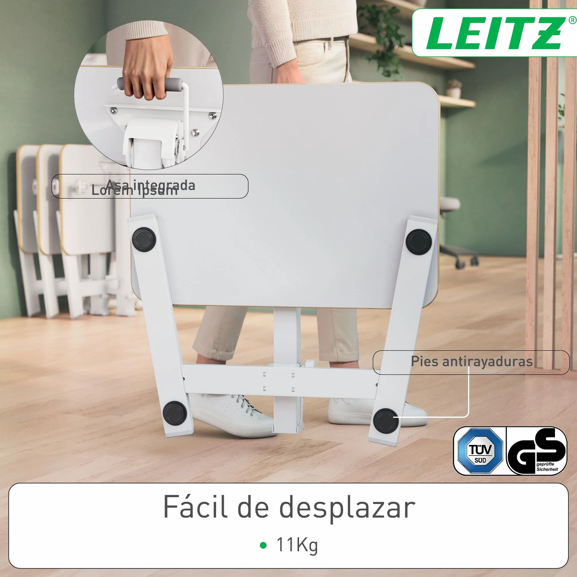 Leitz Ergo Escritorio Compacto Plegable para Trabajar Sentado o de Pie – Mesa Portátil con Asa, pensado para Ordenador Portátil, Soporta hasta 20 kg, 65x46 cm, Blanca, 65880001