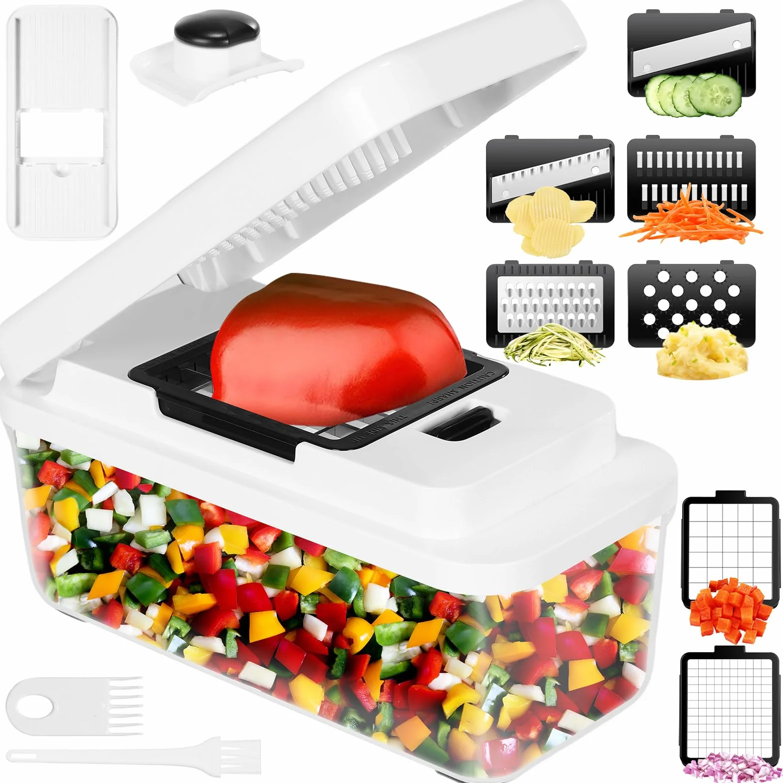 12 En 1 Cortador de Verdura, Mandolina de Cocina Profesional, Picador de Verduras con 7 Cuchillas Afiladas Intercambiables, Cortador verduras para Cebollas, Pepinos, Patatas y Zanahorias