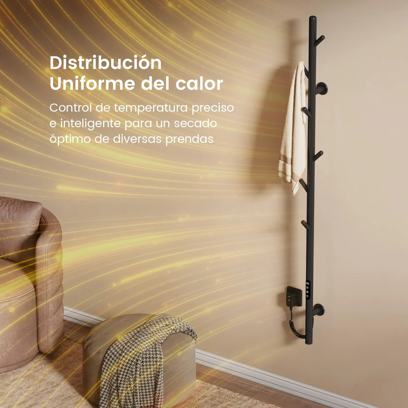 EMKE Toallero Eléctrico de baño, Diseño de toallero eléctrico con Barra, Control de Temperatura Inteligente, toallero Calefactor con 6 Ganchos, Negro