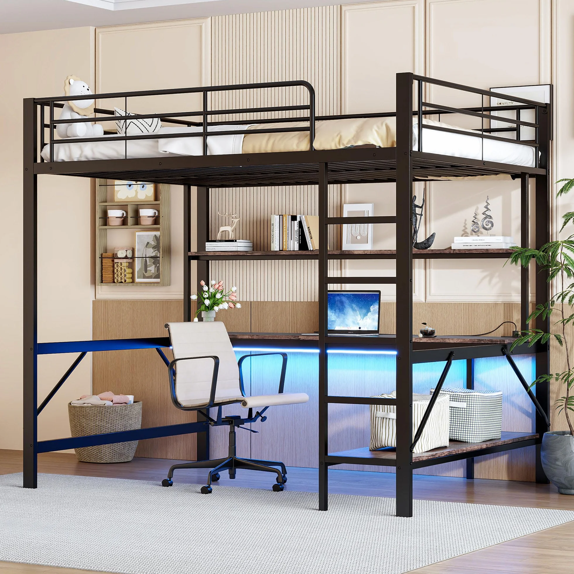 Seyakany cama Mezzanine Infantil 140 x 200 cm, cama Mezzanine de metal de 2 plazas con barreras y escalera, con tomas USB y eléctricas, con iluminación LED, escritorio, varias estanterías, sin colchón