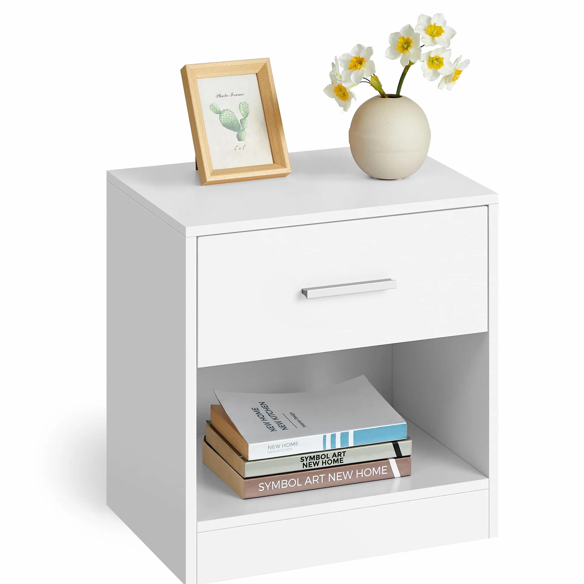 VASAGLE Mesita de Noche, Mesa Auxiliar con Cajón, Asa, Compartimento Abierto, para Dormitorio, Salón, Blanco Nube LET619T14
