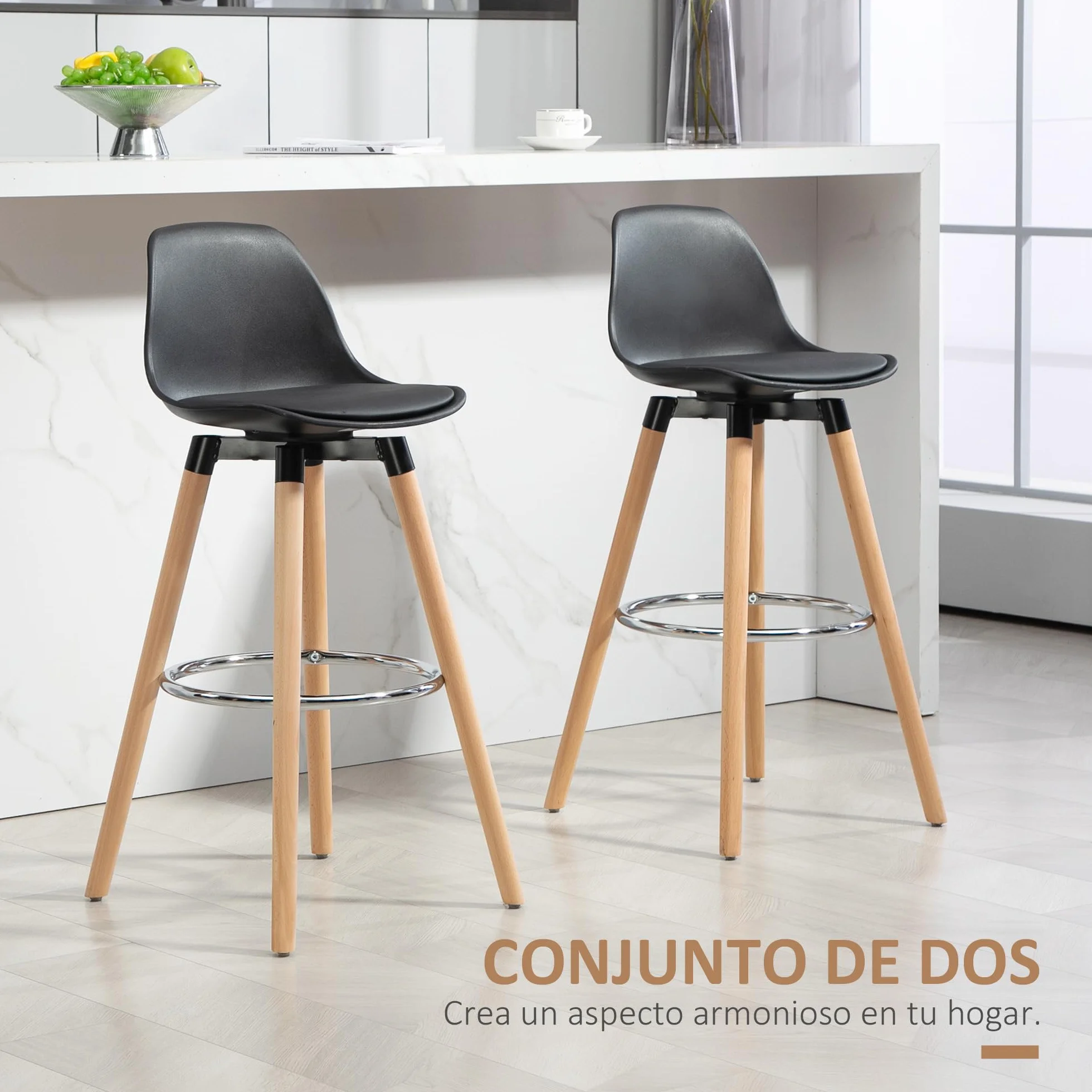 HOMCOM Juego de 2 Taburetes Altos de Cocina Altura Asiento 69 cm Taburetes de Bar Sillas Altas de Cocina Tapizado en PU con Respaldo Patas de Madera para Comedor Negro