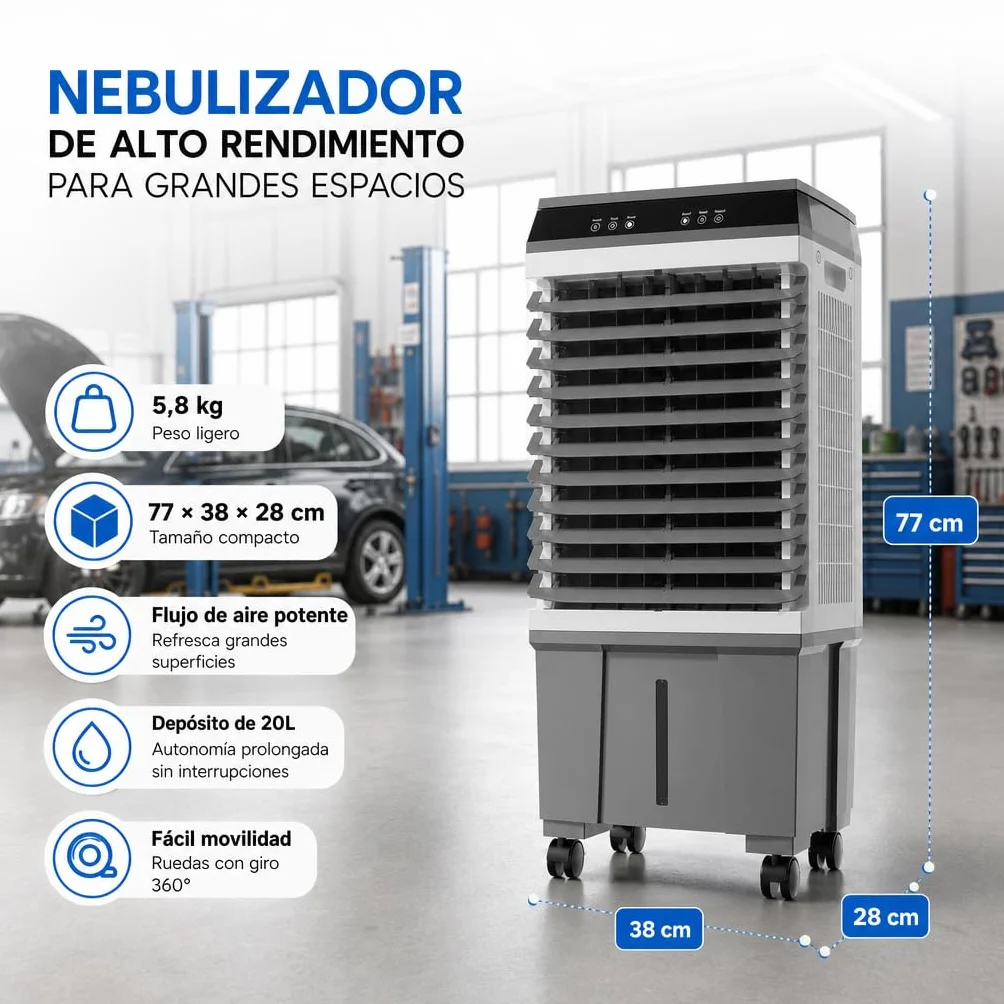 Climatizador Evaporativo Industrial 20L | Sin Tubo Exterior | Naves, Talleres y Terrazas hasta 20 m² | 65W | 3 Velocidades | Mando a Distancia | 4 Acumuladores de Frío | Oscilante | Portátil
