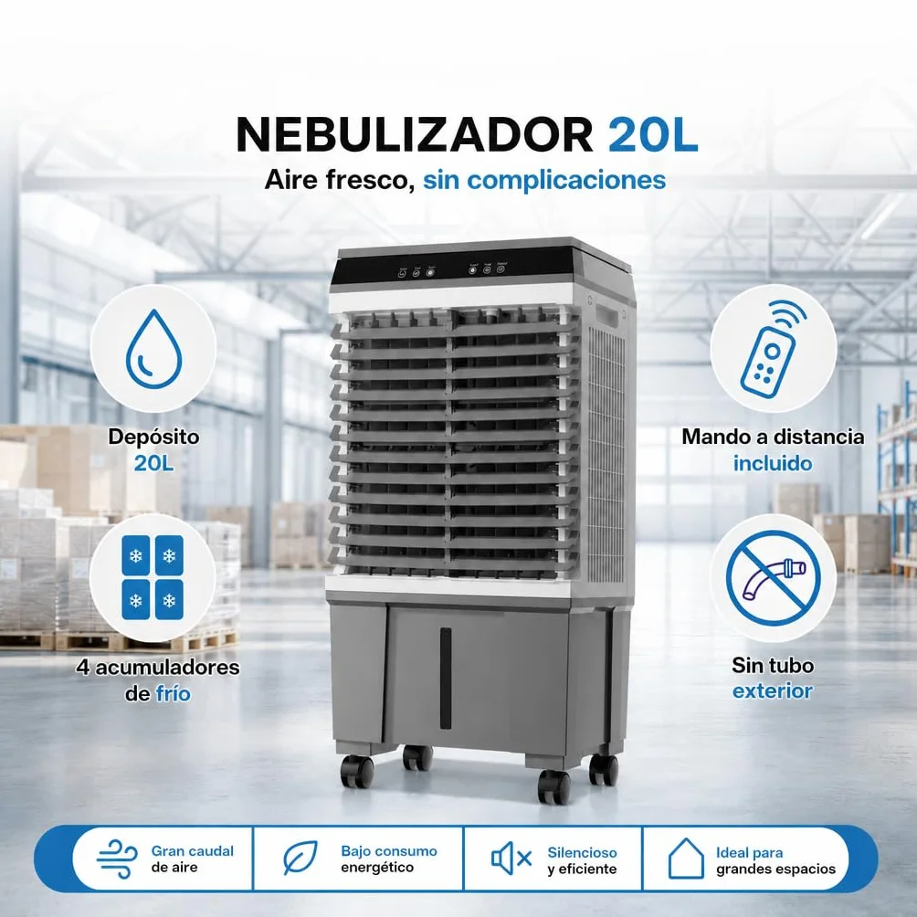 Climatizador Evaporativo Industrial 20L | Sin Tubo Exterior | Naves, Talleres y Terrazas hasta 20 m² | 65W | 3 Velocidades | Mando a Distancia | 4 Acumuladores de Frío | Oscilante | Portátil