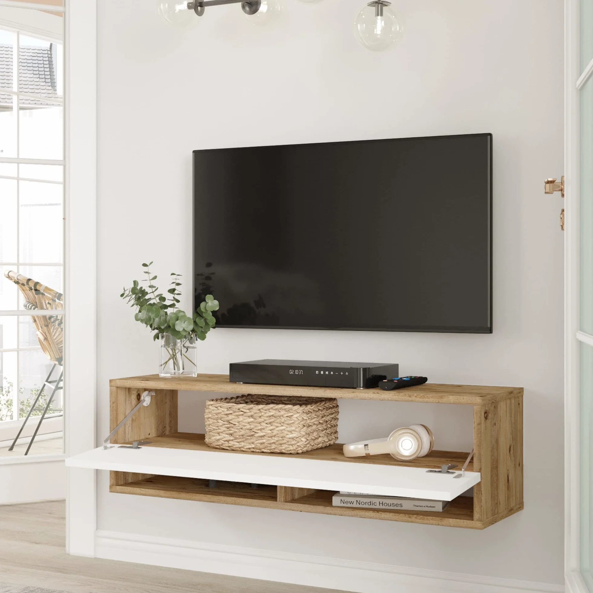 [en.casa] Mueble TV Suspendido con Espacio de Almacenaje Mesa Tele de Pared con Puerta y 2 Estantes Aglomerado 100 x 32 x 30 cm Roble Rústico/Blanco