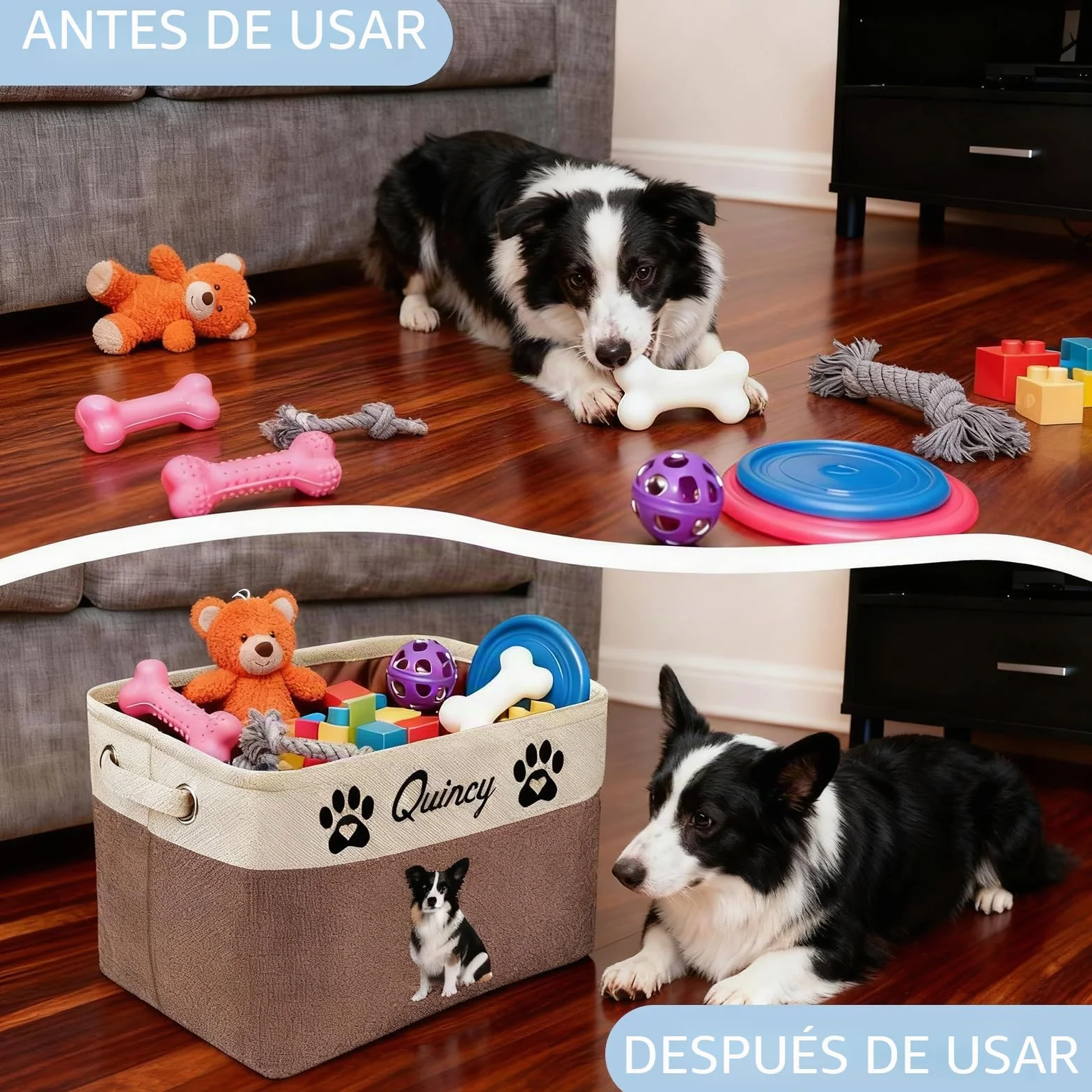 Cesta de Almacenamiento de Juguetes para Mascotas Personalizada - Organizador Personalizado de Juguetes para Perros y Gatos con Nombre, Contenedor de Tela Plegable y Duradero para Suministros