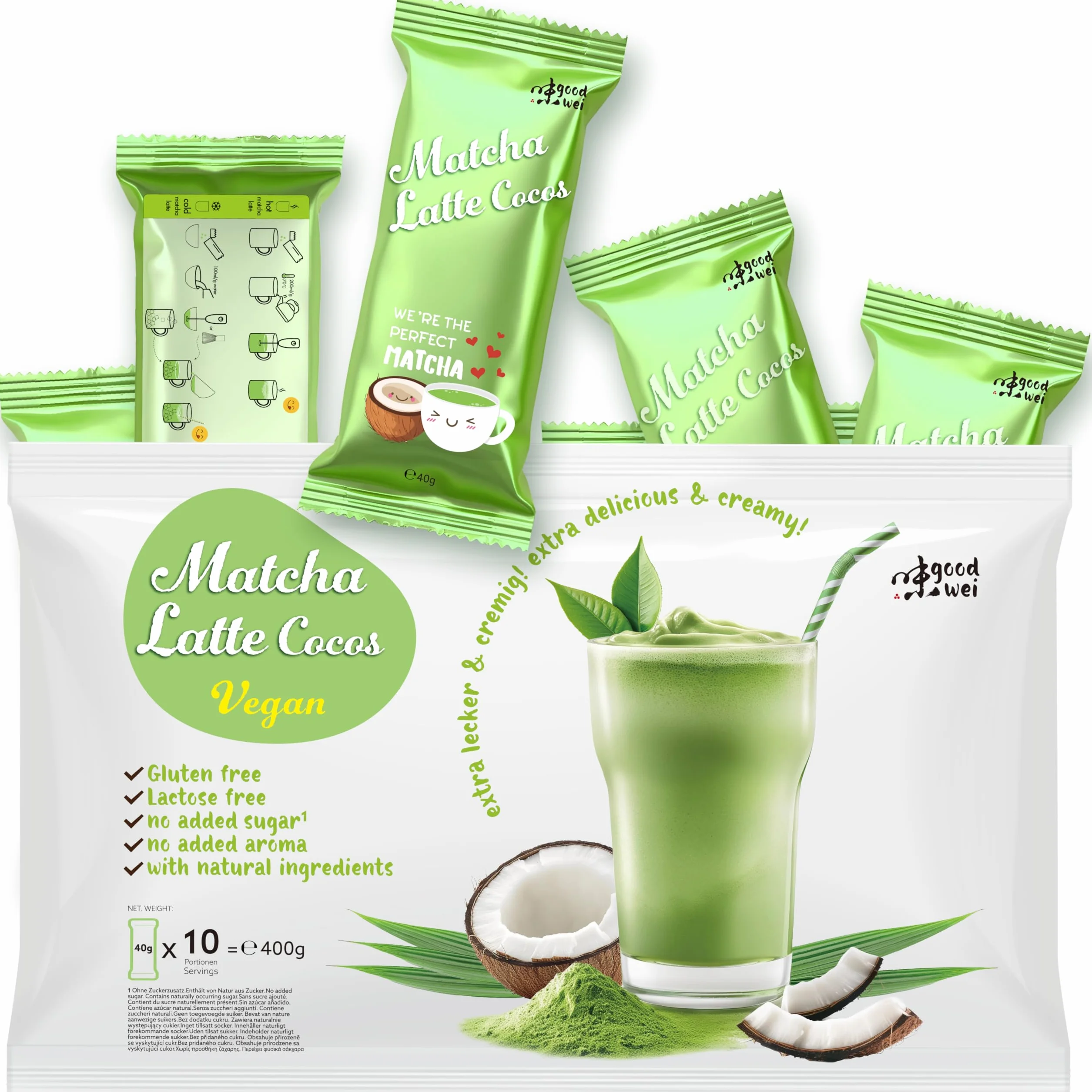 Matcha Coco Latte Sin Azúcar Añadido 10% Matcha 90% Coco Sobres Individuales 10x40g Latte Cremoso 400g