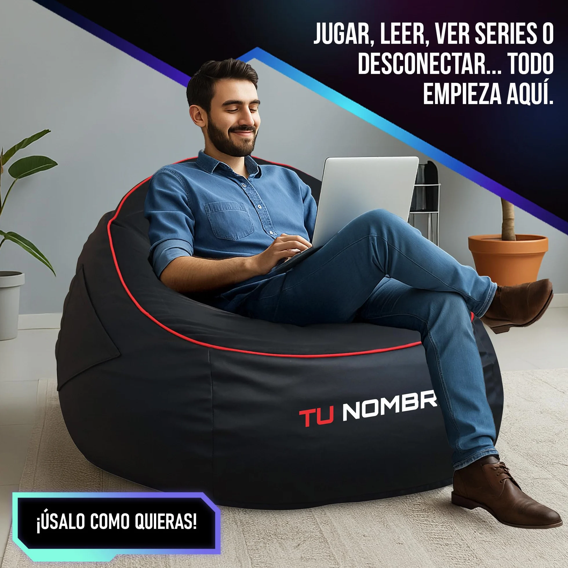 DECORESTOR Puff Gamer Personalizado con Nombre - Relleno y Respaldo Incluidos - Bean Bag XXL Gigante - Regalo para Niños y Adultos - 100% Polipiel