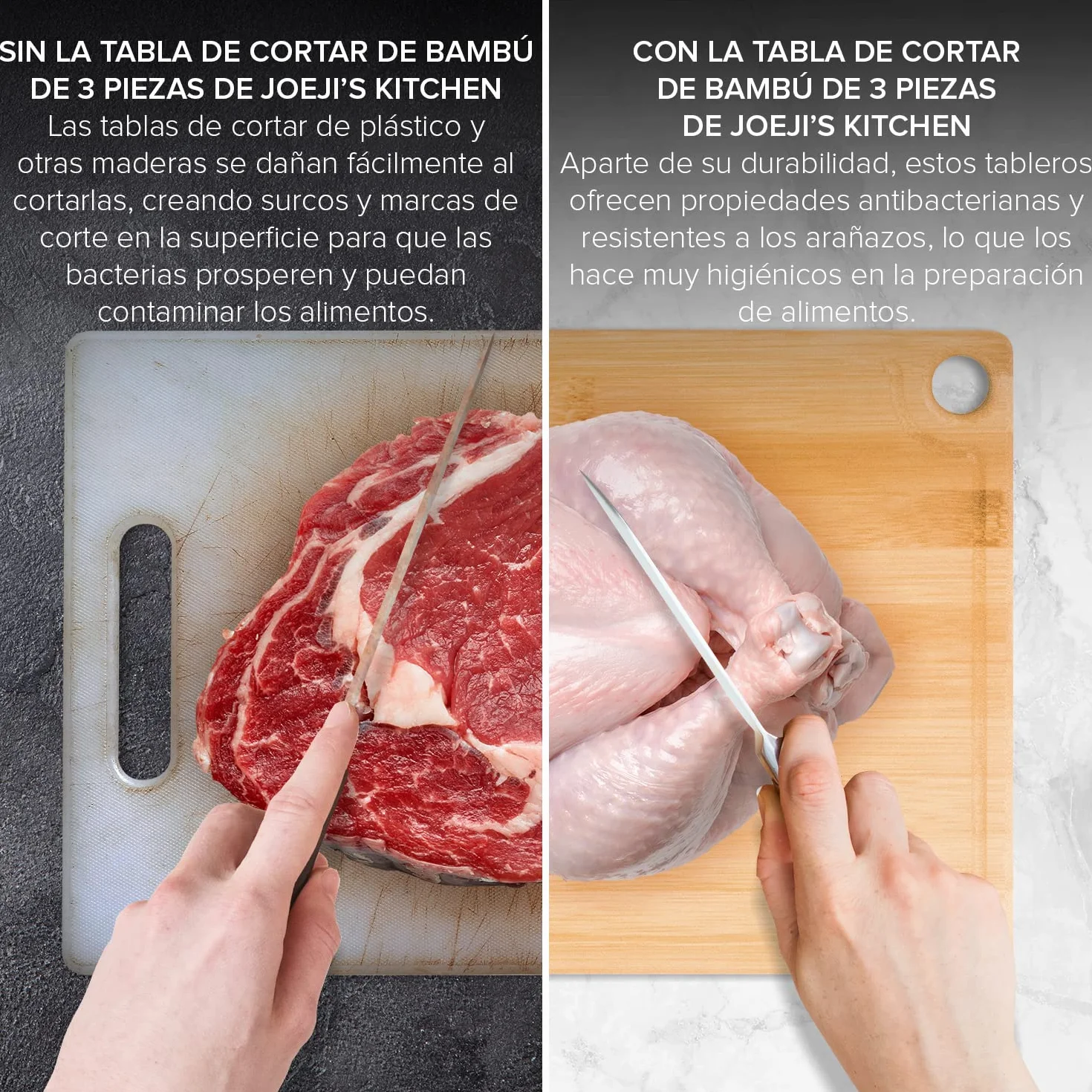 Juego de 3 Tablas de Cocina de Madera Bambú con Ranura y Agujero para Colgar - Antimicrobiano Natural