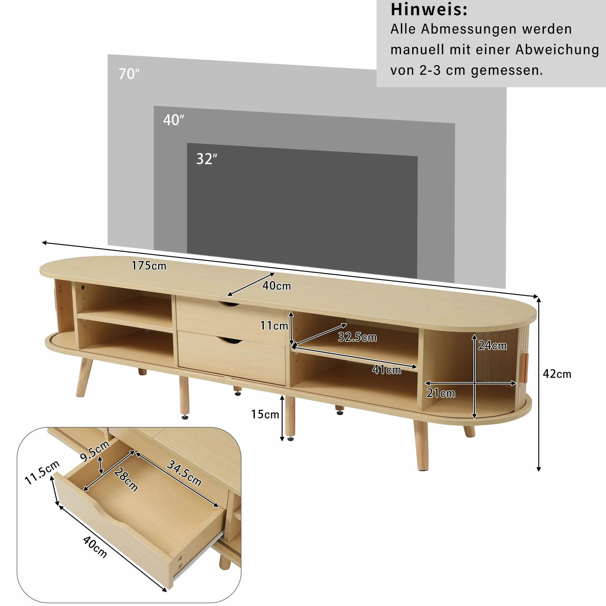 Mueble para TV de salón con espacio de almacenamiento + tablero de fibra de densidad media redonda de grano de madera, 2 cajones, capacidad de carga 30 kg, tamaño 175 x 40 x 42 cm
