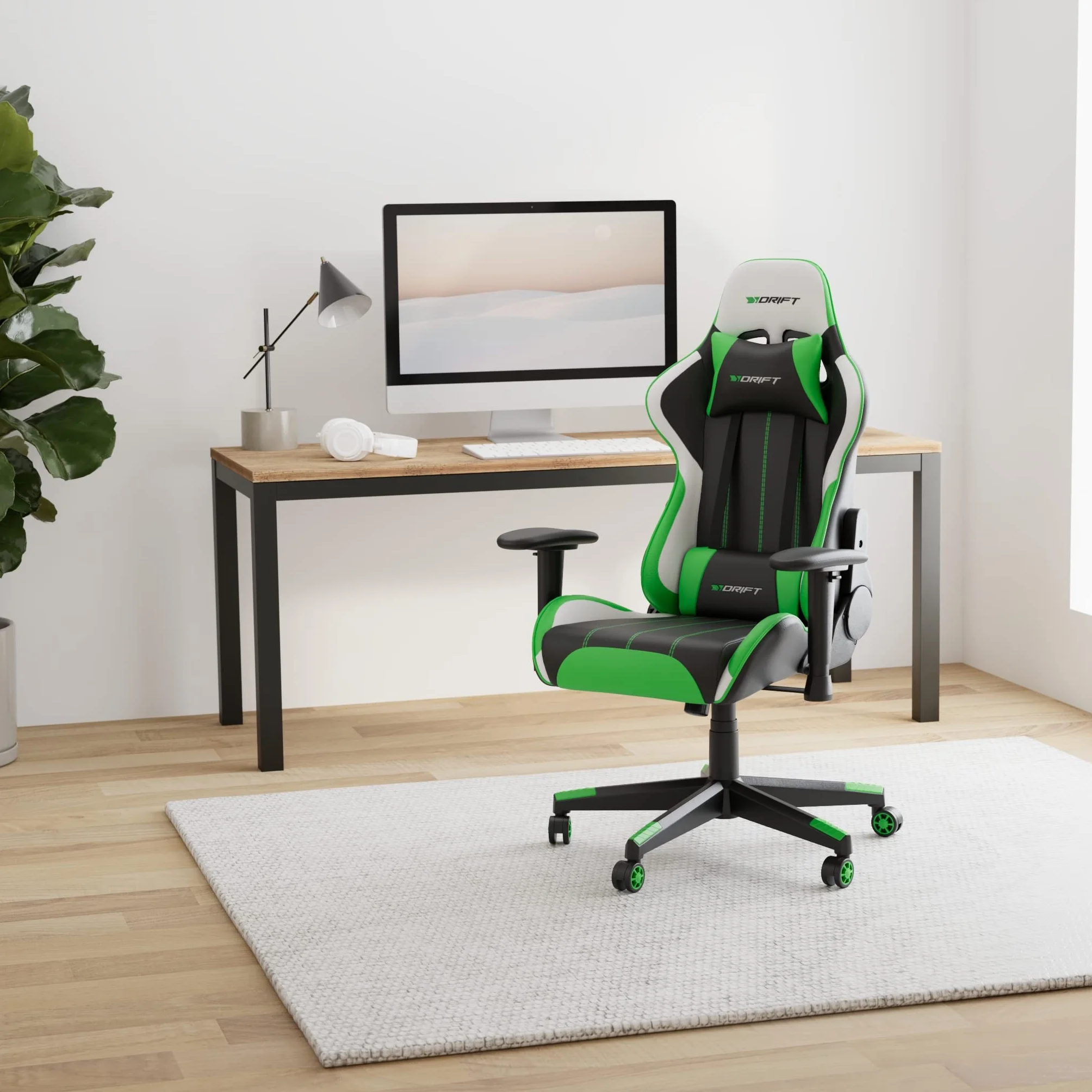 DRIFT GAMING DR175 - Silla Gaming Profesional, polipiel, reposabrazos ajustables 2D, pistón clase 4, giratoria, mecanismo de mariposa, cojín lumbar y cervical, color negro/blanco/verde