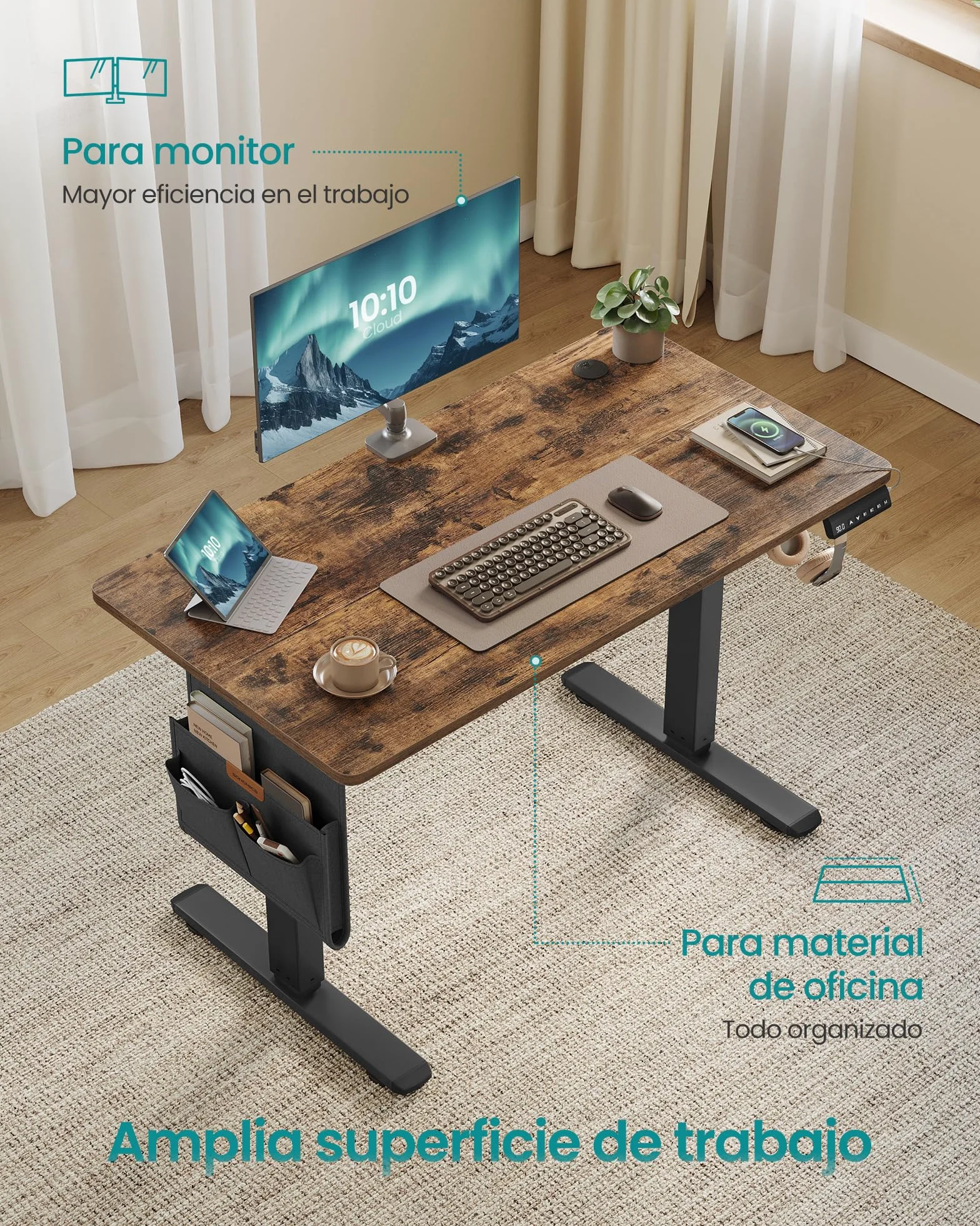 SONGMICS Escritorio Eléctrico Regulable en Altura 100x60 cm USB-C Marrón Rústico LSD130KD01