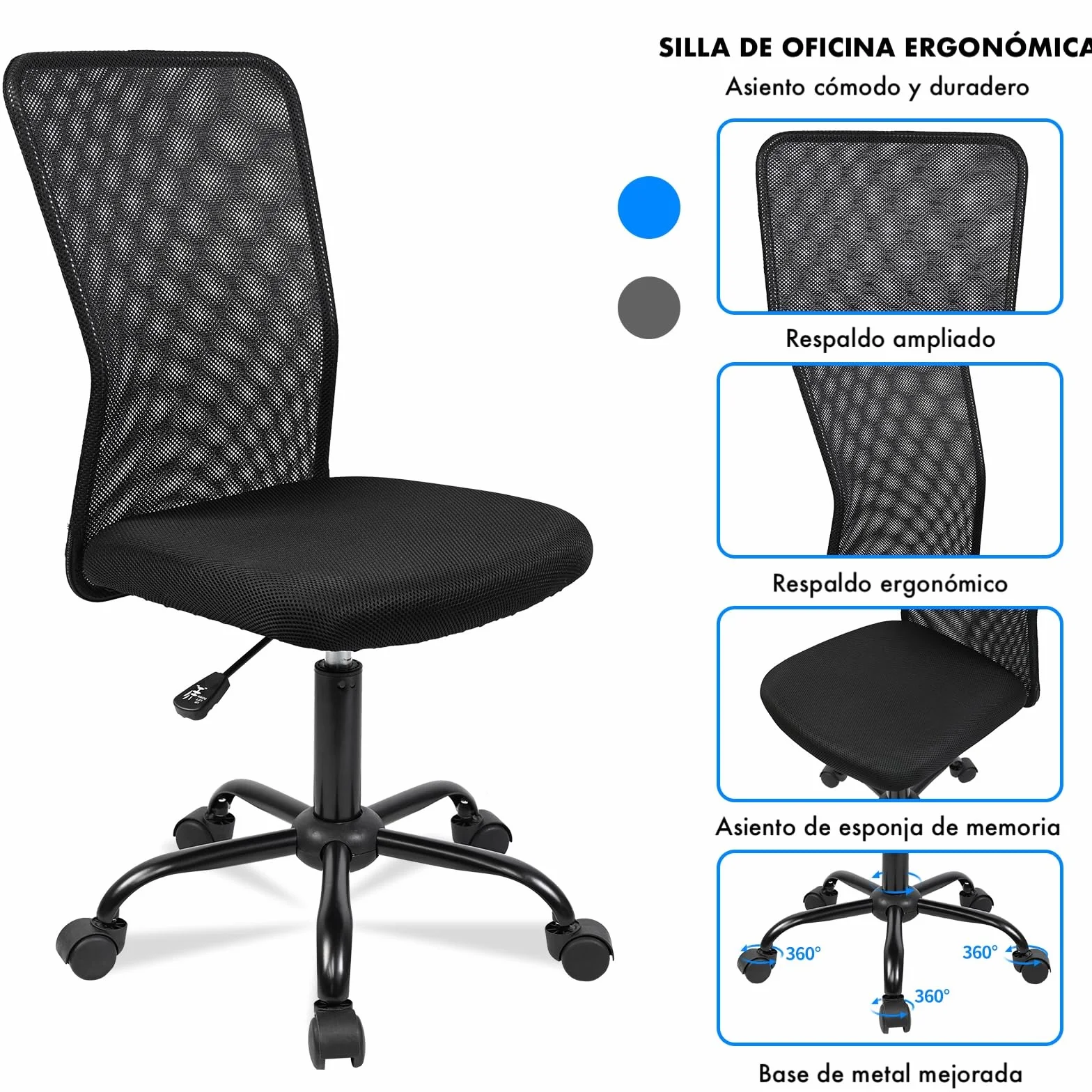 T-LoVendo Silla de Oficina Ergonómica Sin Reposabrazos Tela Transpirable con Ruedas Giratoria Negra