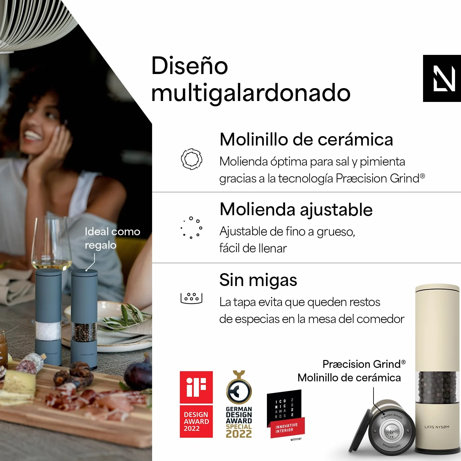 LARS NYSØM Juego de 2 molinillos de sal y pimienta manuales con molinillo de cerámica ajustable de grueso a fino I Juego de molinillos de especias de diseño (Brown/Beige)