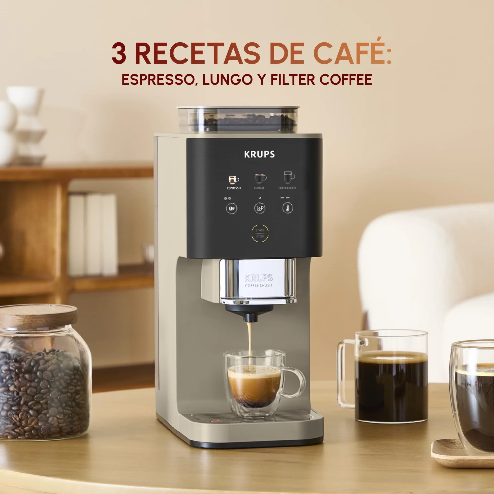 KRUPS Coffee Crush, Cafetera automática, Café en Grano y Molido, 15 Bares, 3 recetas de café, 3 niveles de temperatura y de molienda, Pantalla táctil, Compacta 15 cm de ancho, Beige, SA402AE0