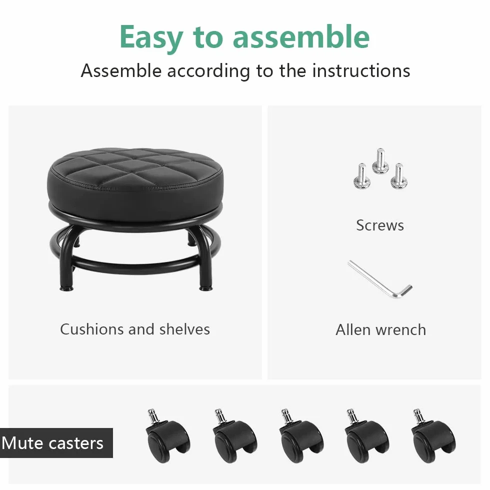 FURWOO Roller Seat PU Leather Low Round Rolling Stool Taburete de Piso con Ruedas universales H 25.5cm Negro