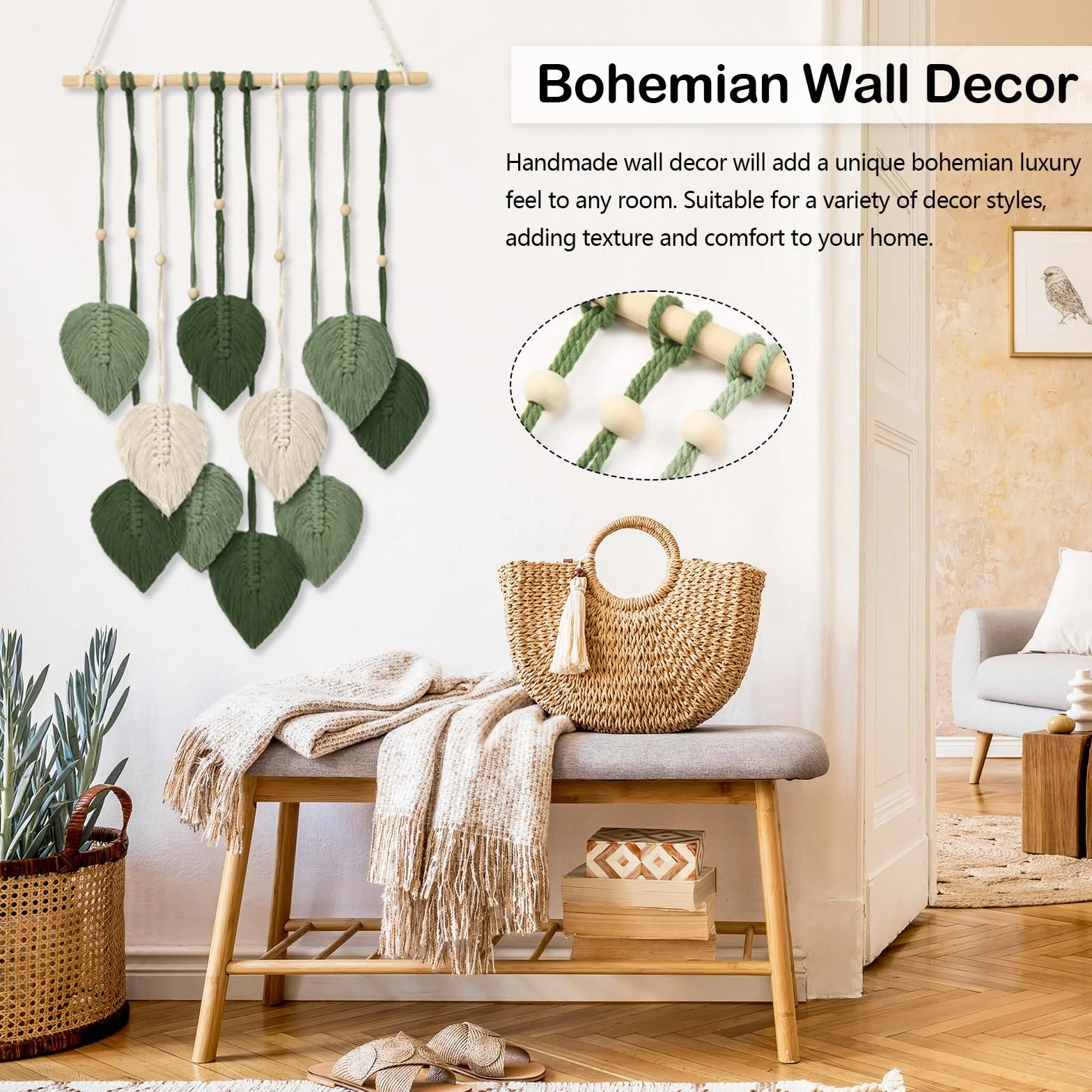 Tapiz Bohemio Hecho A Mano Decoración De Pared 2PCS Colgante Tejido Con Plumas Hojas Y Cuentas De Madera