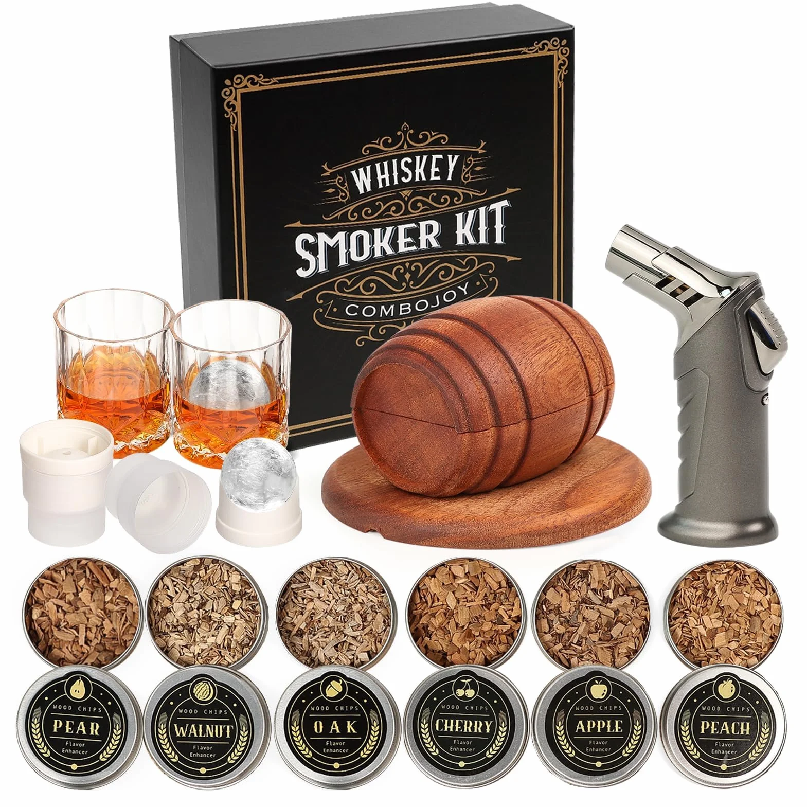 Kit de ahumador de whisky con antorcha, 6 sabores, chips de madera, 2 vasos, 2 moldes de bolas de hielo