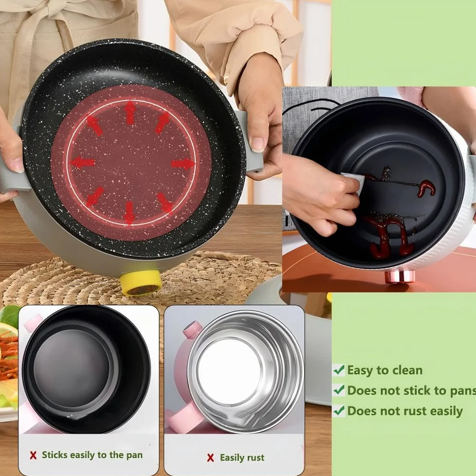 Olla Eléctrica 2.2L con Vaporera, Sartén Antiadherente Portátil para Asar/Ramen/Bistec/Fondue/Sopa, Doble Control de Potencia, beige