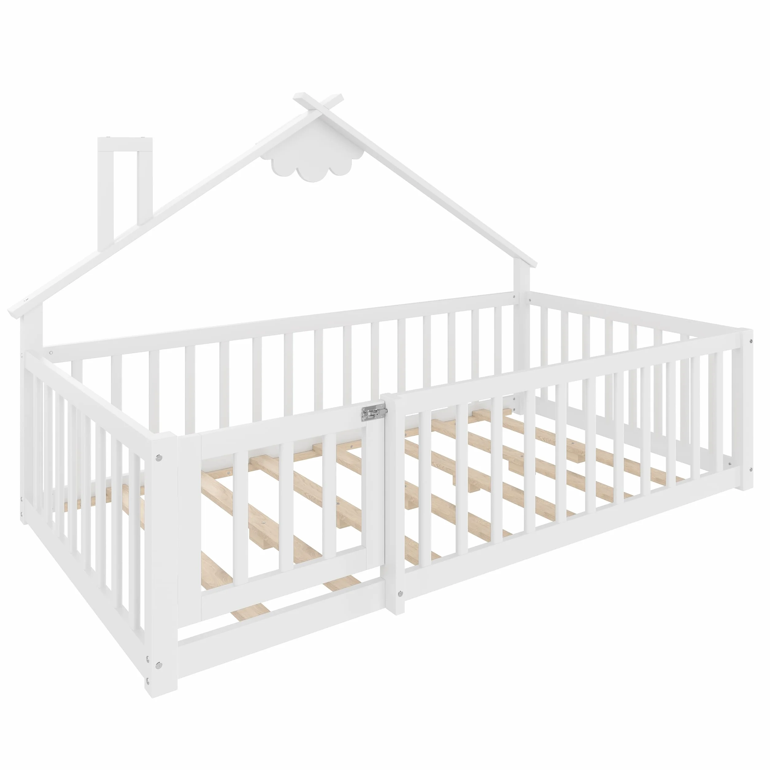 Cama de suelo de 90 x 190 cm con protección anticaída y puerta con cerradura, estructura de cama infantil, cama de madera de pino con somier, cama de madera, sin colchón