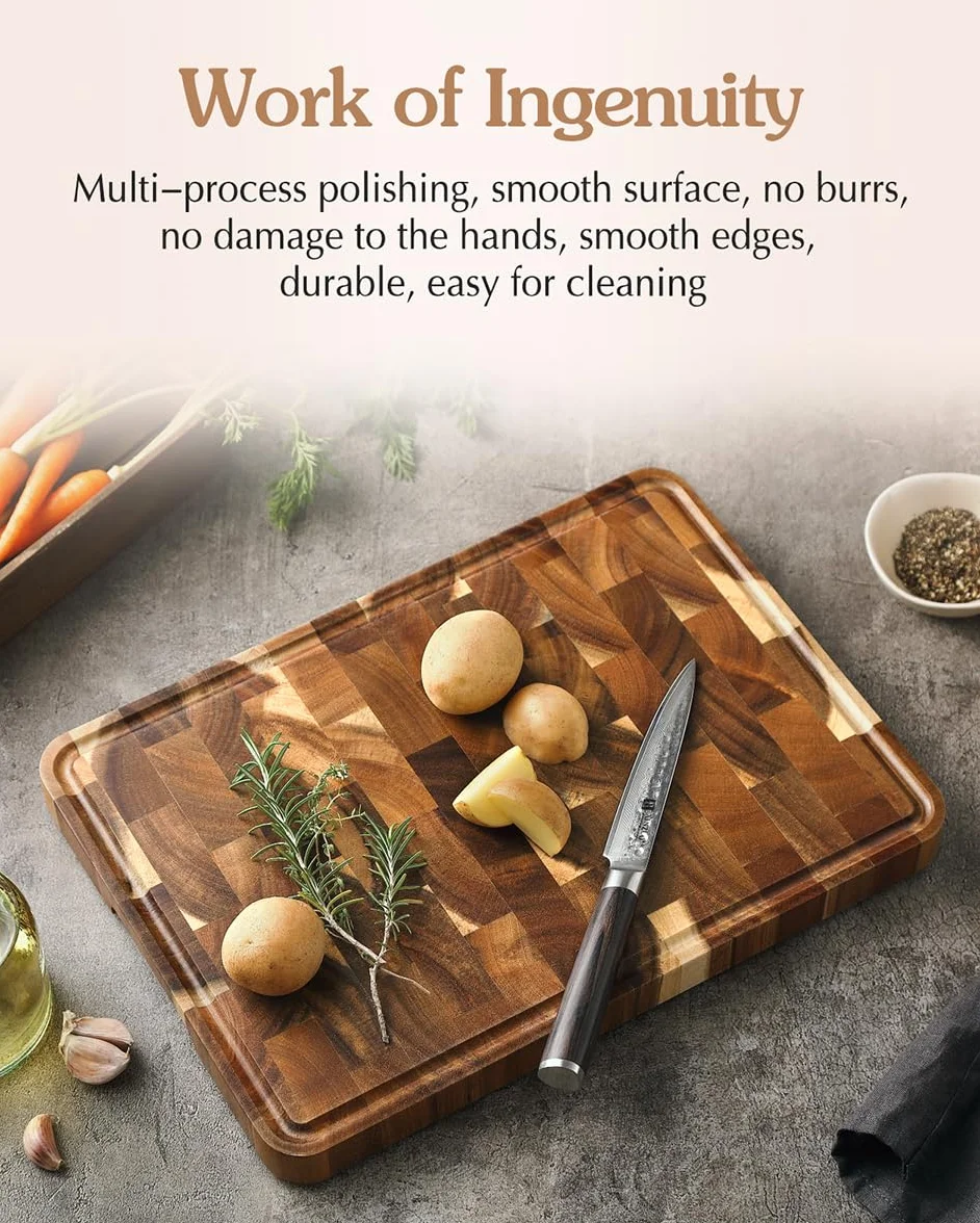 XINZUO Tabla de Cortar de Madera de Acacia- (35x25x2.6cm) Tabla de Cortar Cocina Hecha a Mano Trinchar Tabla de Carne- con Patas Antideslizantes, Asas Laterales y Ranura para Jugos